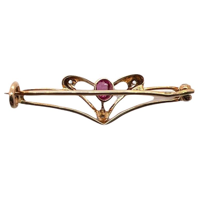 Art Nouveau Ruby Diamond Rose Gold Antique Pin Brooch In Excellent Condition For Sale In Boca Raton, FL