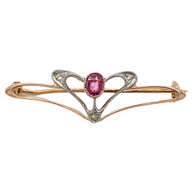 Art Nouveau Ruby Diamond Rose Gold Antique Pin Brooch For Sale