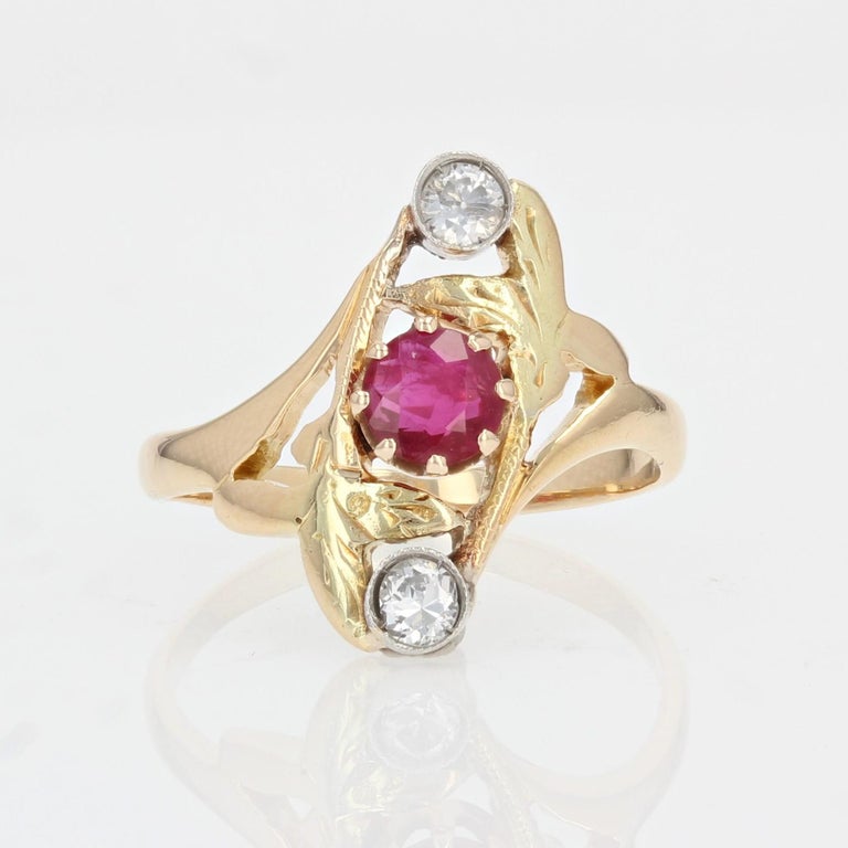 Art Nouveau Ruby Diamonds 18 Karat Yellow Gold Ring For Sale 8