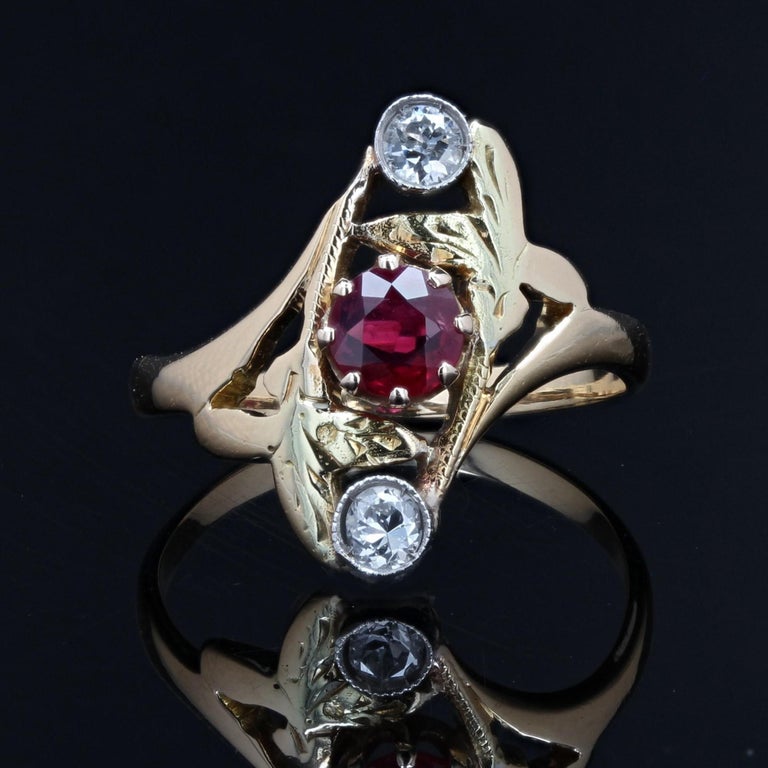 Round Cut Art Nouveau Ruby Diamonds 18 Karat Yellow Gold Ring For Sale