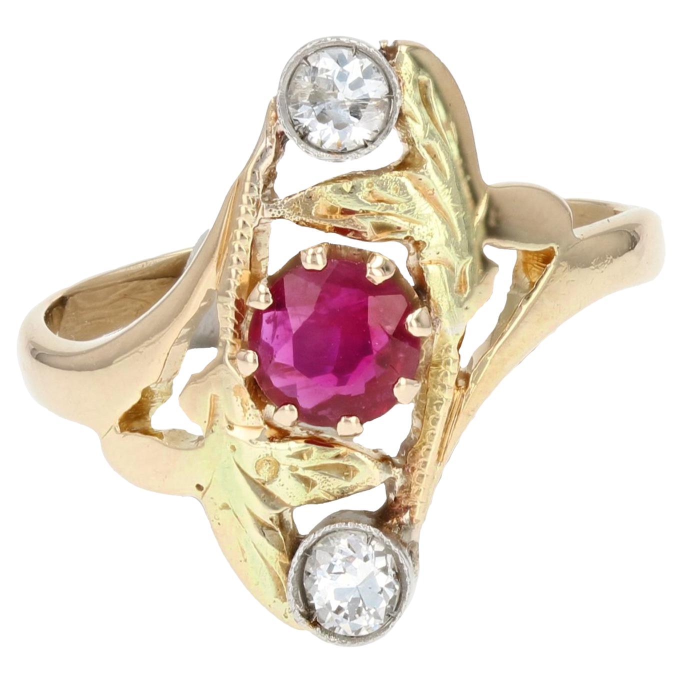 Art Nouveau Ruby Diamonds 18 Karat Yellow Gold Ring