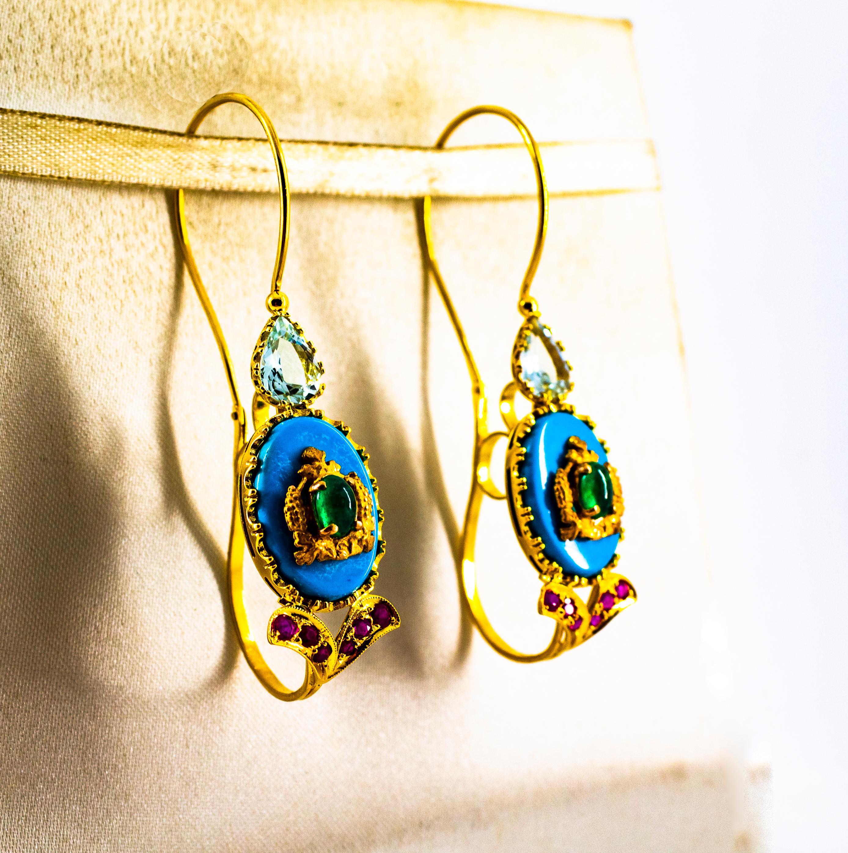 Brilliant Cut Art Nouveau Ruby Emerald Turquoise Aquamarine Yellow Gold Lever-Back Earrings For Sale
