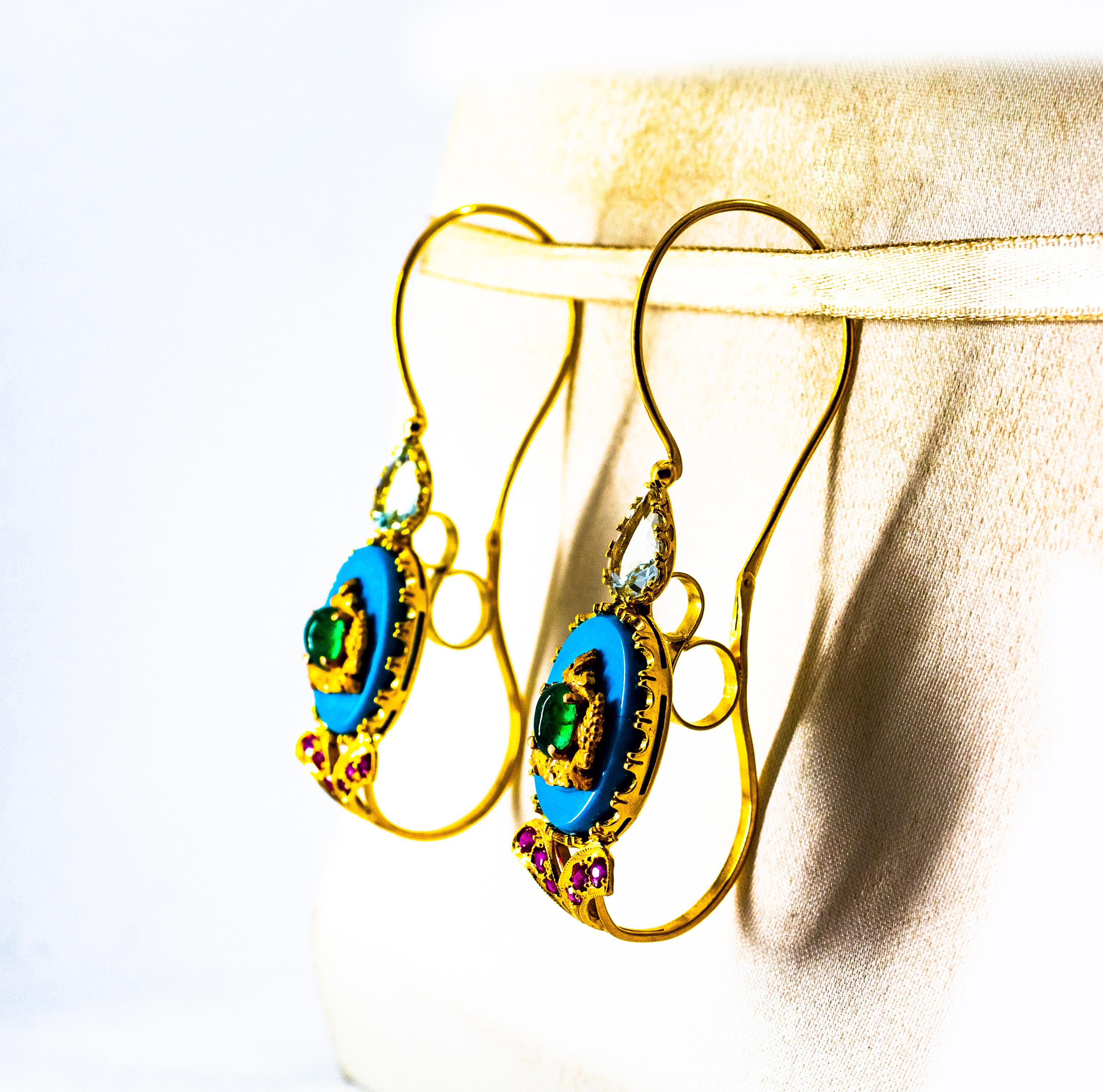 Boucles d'oreilles à levier Art Nouveau rubis émeraude turquoise aigue-marine or jaune Neuf - En vente à Naples, IT
