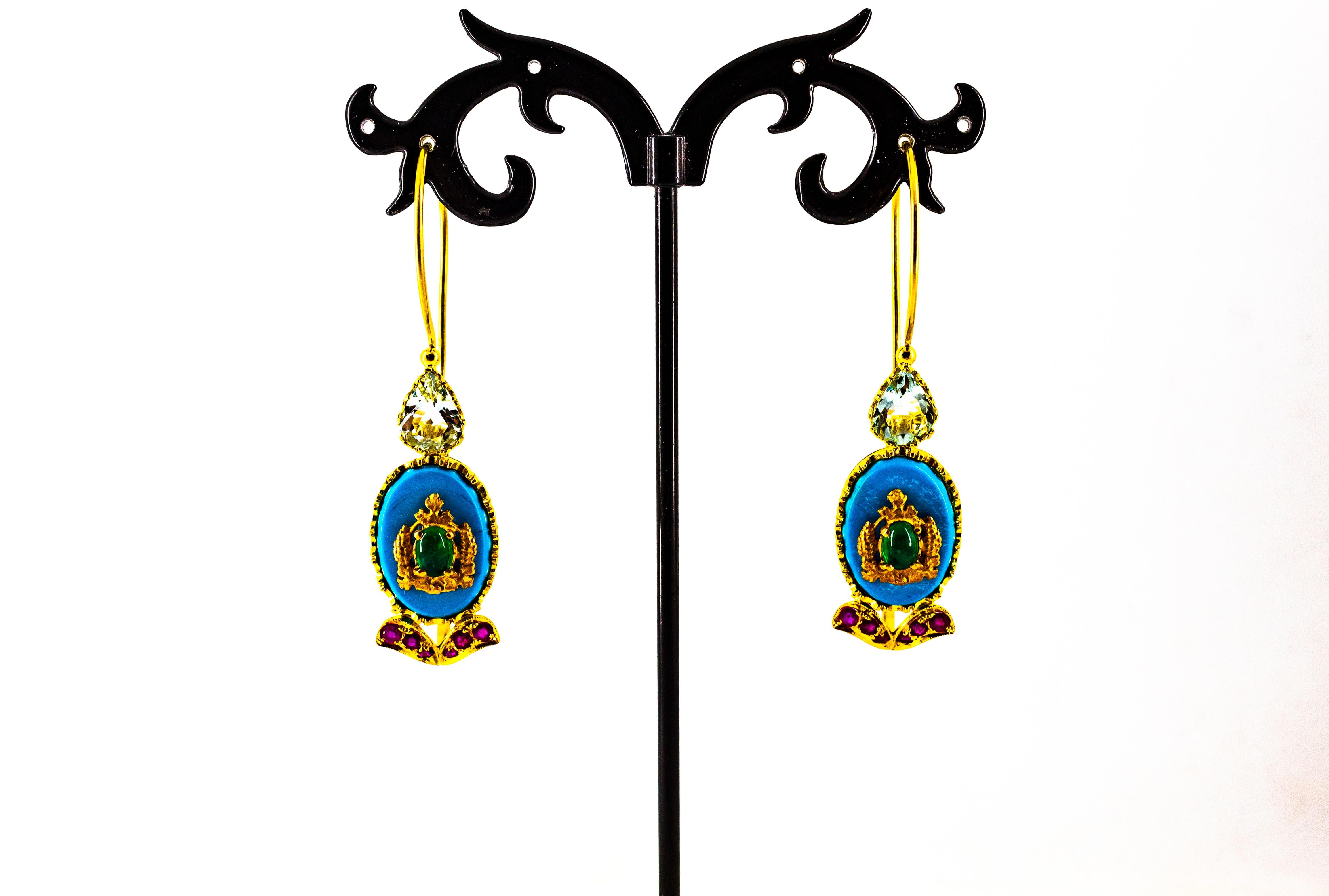 Women's or Men's Art Nouveau Ruby Emerald Turquoise Aquamarine Yellow Gold Lever-Back Earrings For Sale