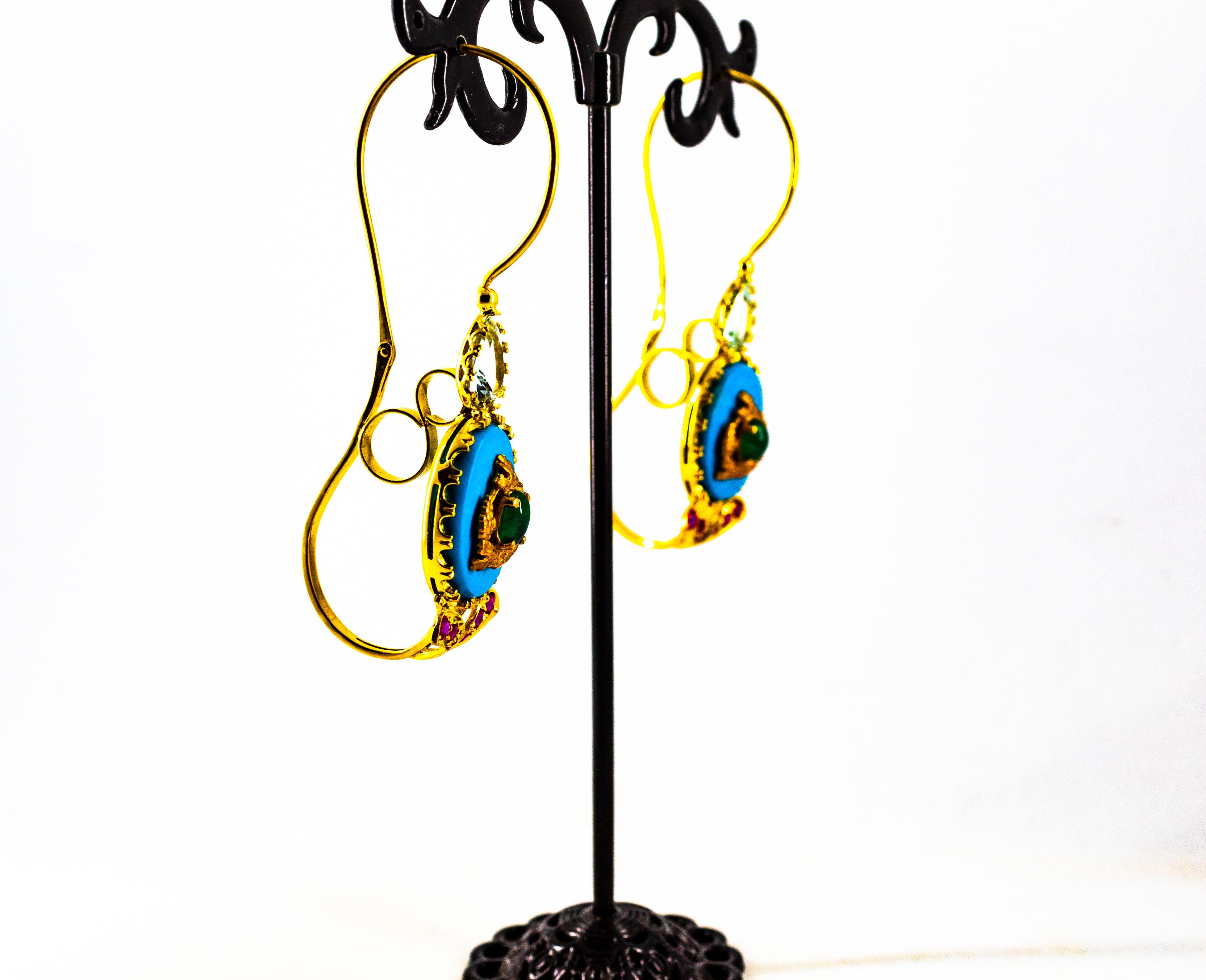 Art Nouveau Ruby Emerald Turquoise Aquamarine Yellow Gold Lever-Back Earrings For Sale 1