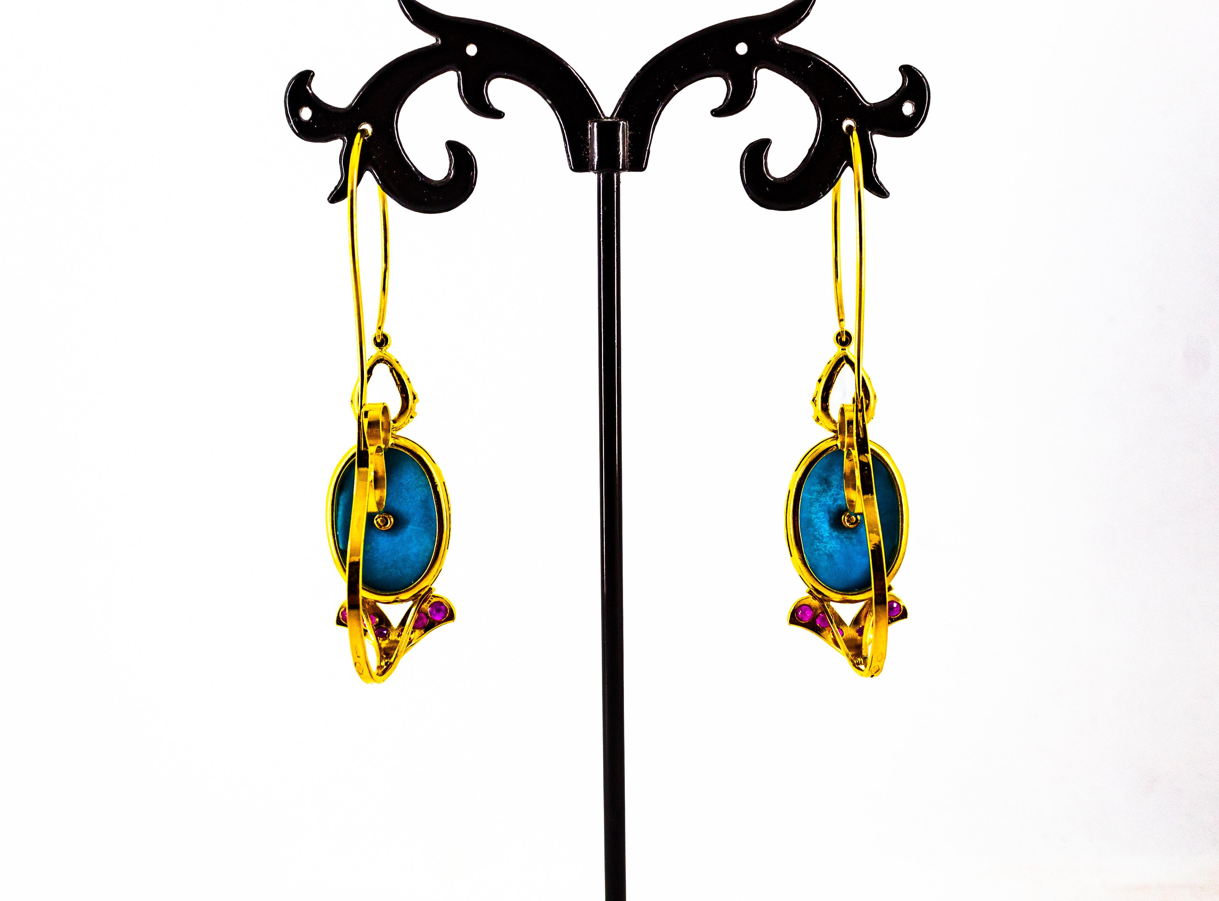 Art Nouveau Ruby Emerald Turquoise Aquamarine Yellow Gold Lever-Back Earrings For Sale 2