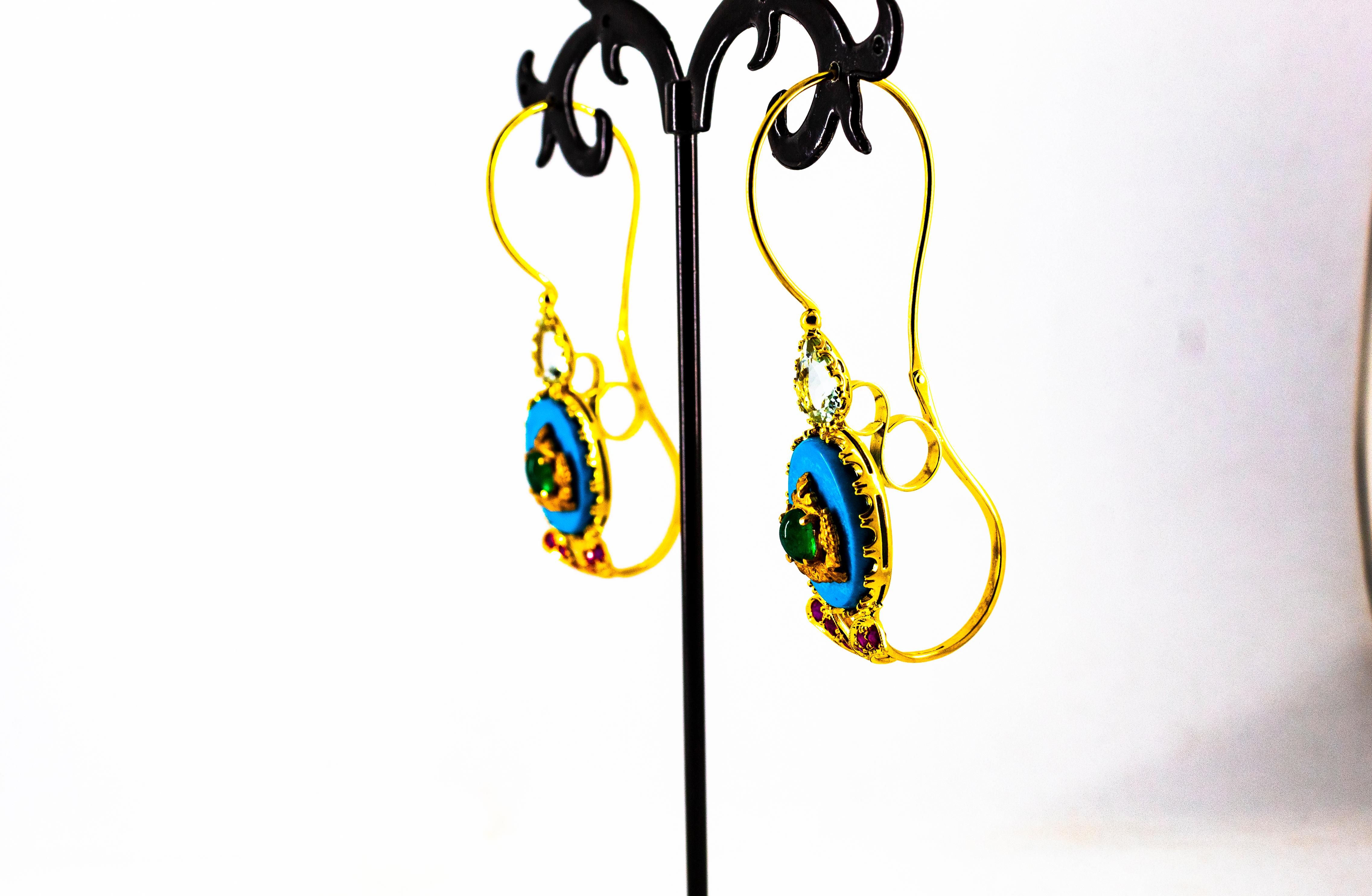 Boucles d'oreilles à levier Art Nouveau rubis émeraude turquoise aigue-marine or jaune en vente 3