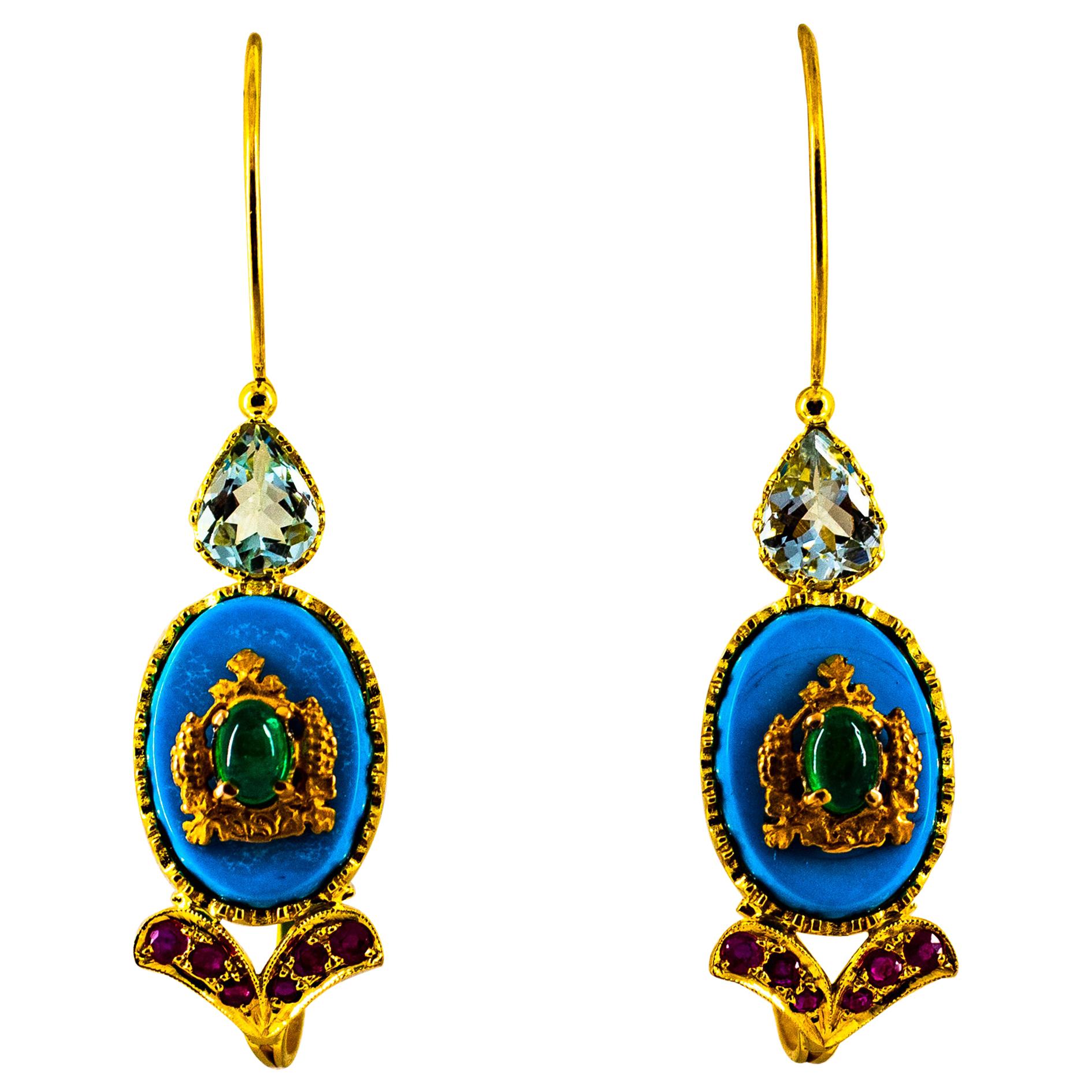 Art Nouveau Ruby Emerald Turquoise Aquamarine Yellow Gold Lever-Back Earrings For Sale