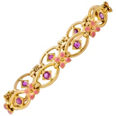Art Nouveau Ruby Enamel 18 Karat Gold Flower Link Bracelet