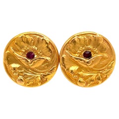 Art Nouveau Ruby Gold Post Earrings