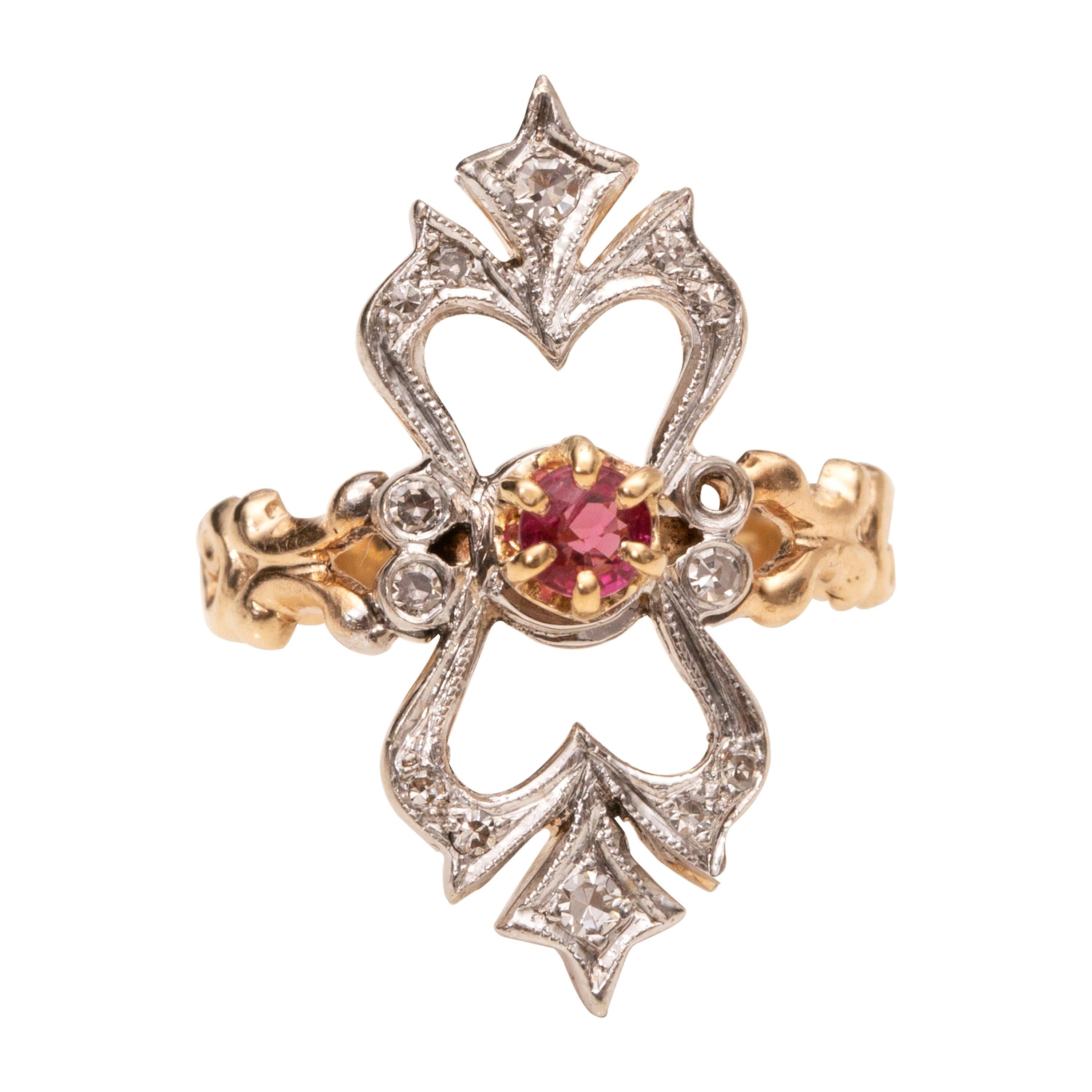 Art Nouveau Ruby Ornate Long Openwork Diamond 14 Karat Two-Tone Gold Ring