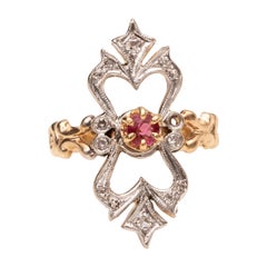 Antique Art Nouveau Ruby Ornate Long Openwork Diamond 14 Karat Two-Tone Gold Ring