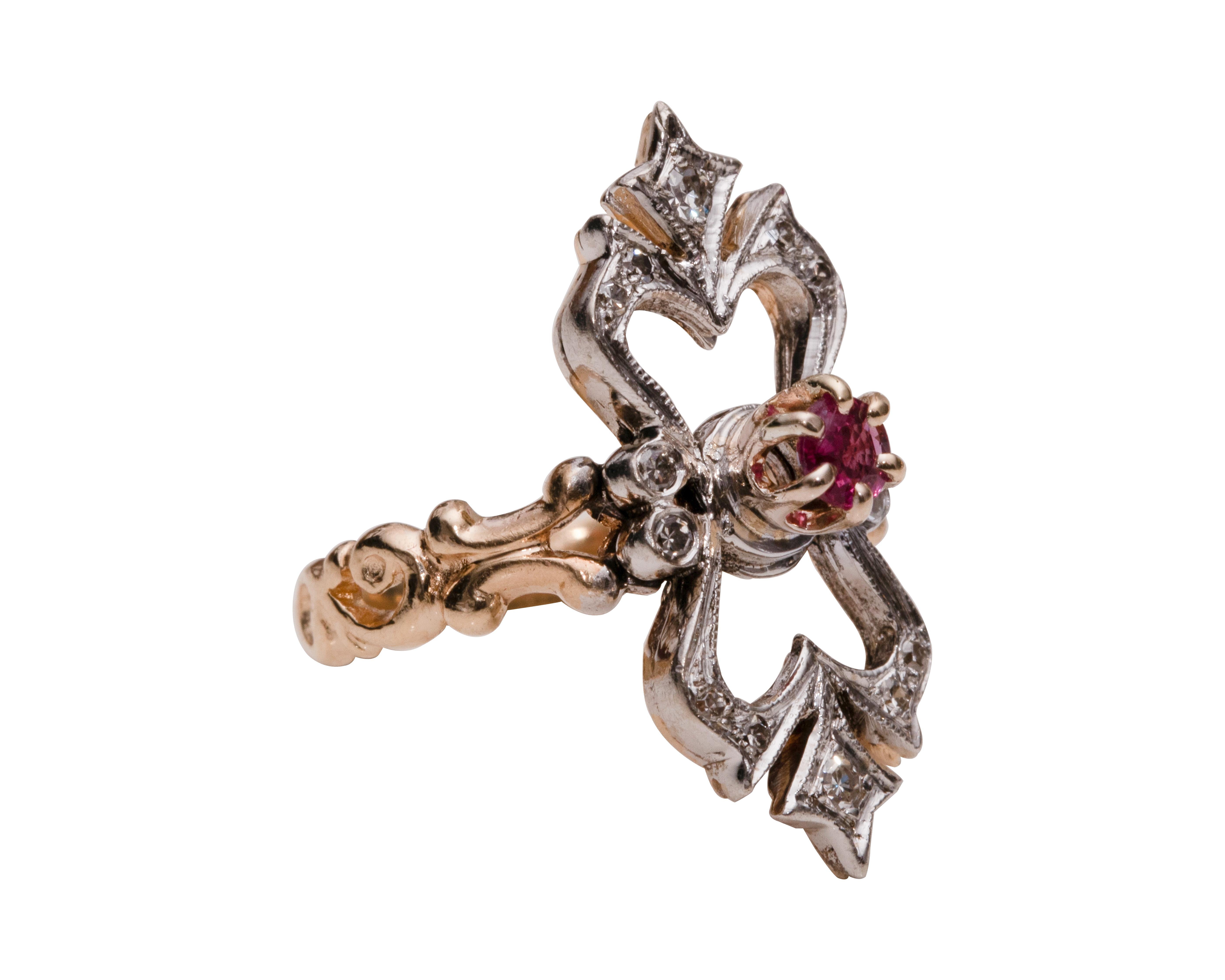 Round Cut Art Nouveau Ruby Ornate Long Openwork Diamond 14 Karat Two-Tone Gold Ring