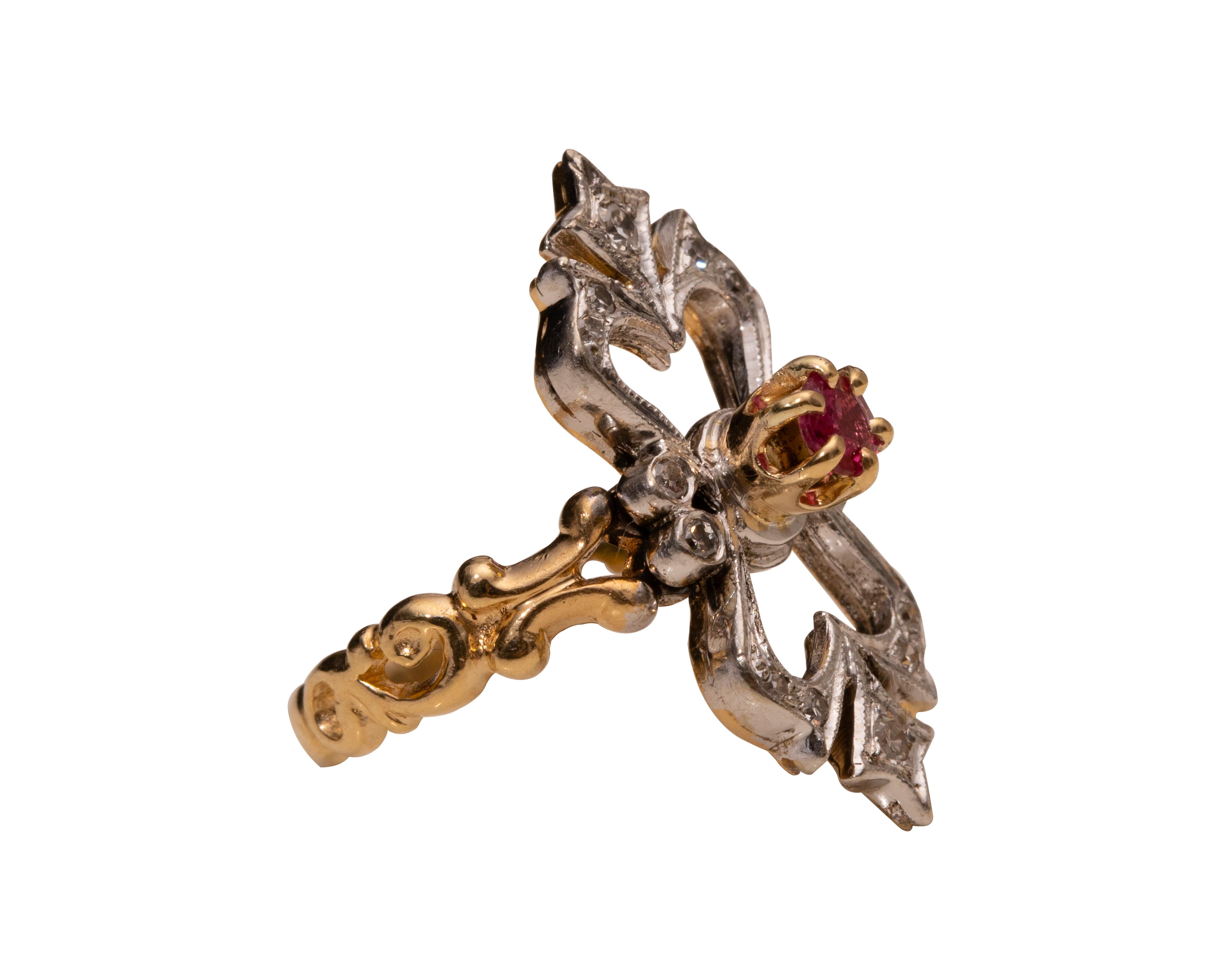 Art Nouveau Ruby Ornate Long Openwork Diamond 14 Karat Two-Tone Gold Ring In Good Condition In Addison, TX