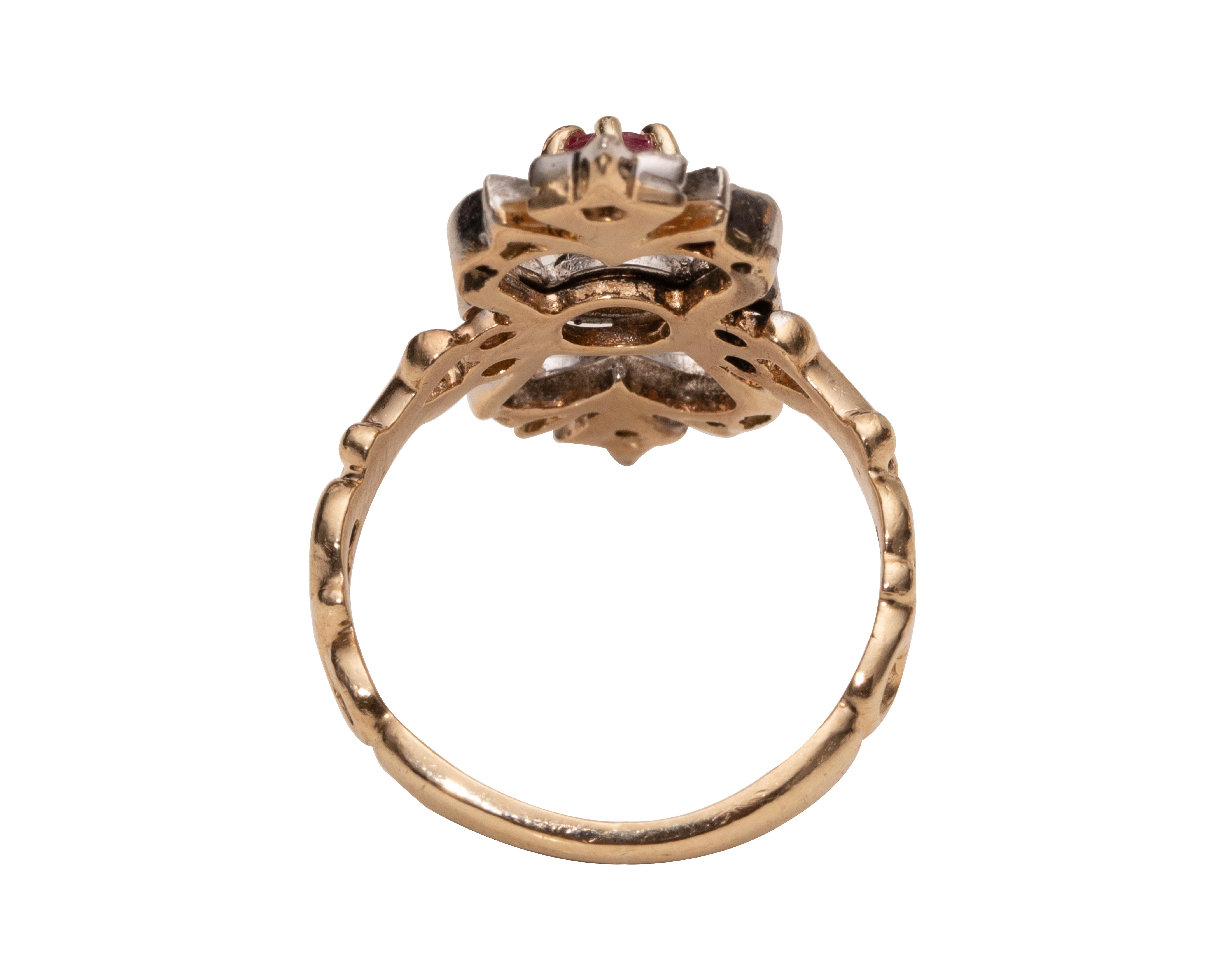 Women's Art Nouveau Ruby Ornate Long Openwork Diamond 14 Karat Two-Tone Gold Ring
