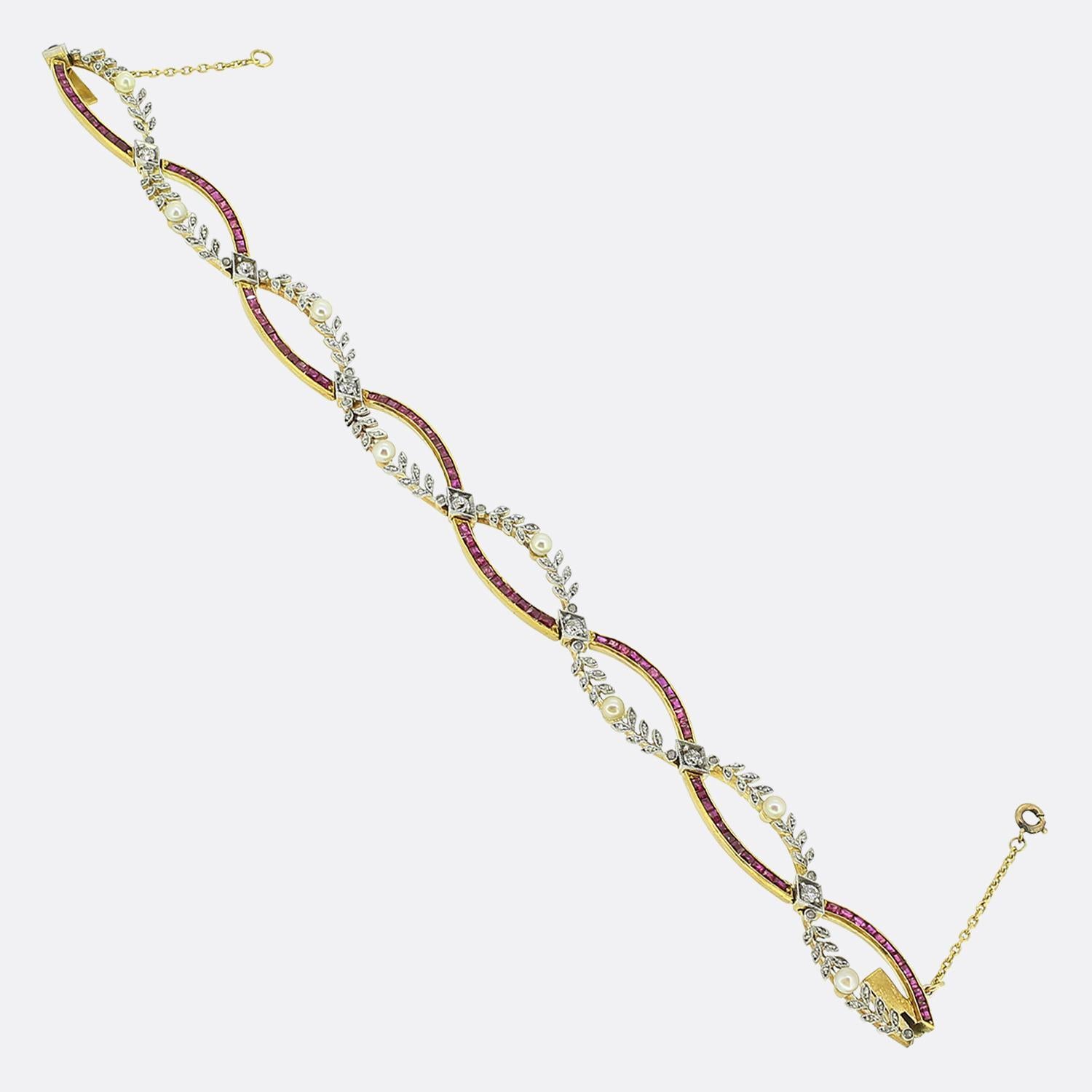 Round Cut Art Nouveau Ruby Pearl and Diamond Bracelet For Sale