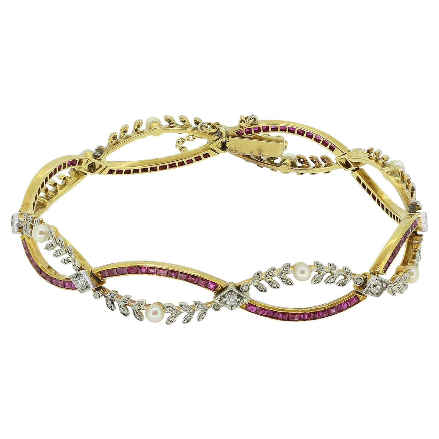 Art Nouveau Ruby Pearl and Diamond Bracelet For Sale