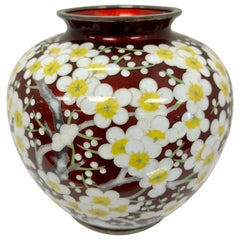 Art Nouveau Ruby Red Glass Vase with Hand Painted Cherry Blossom Flowers