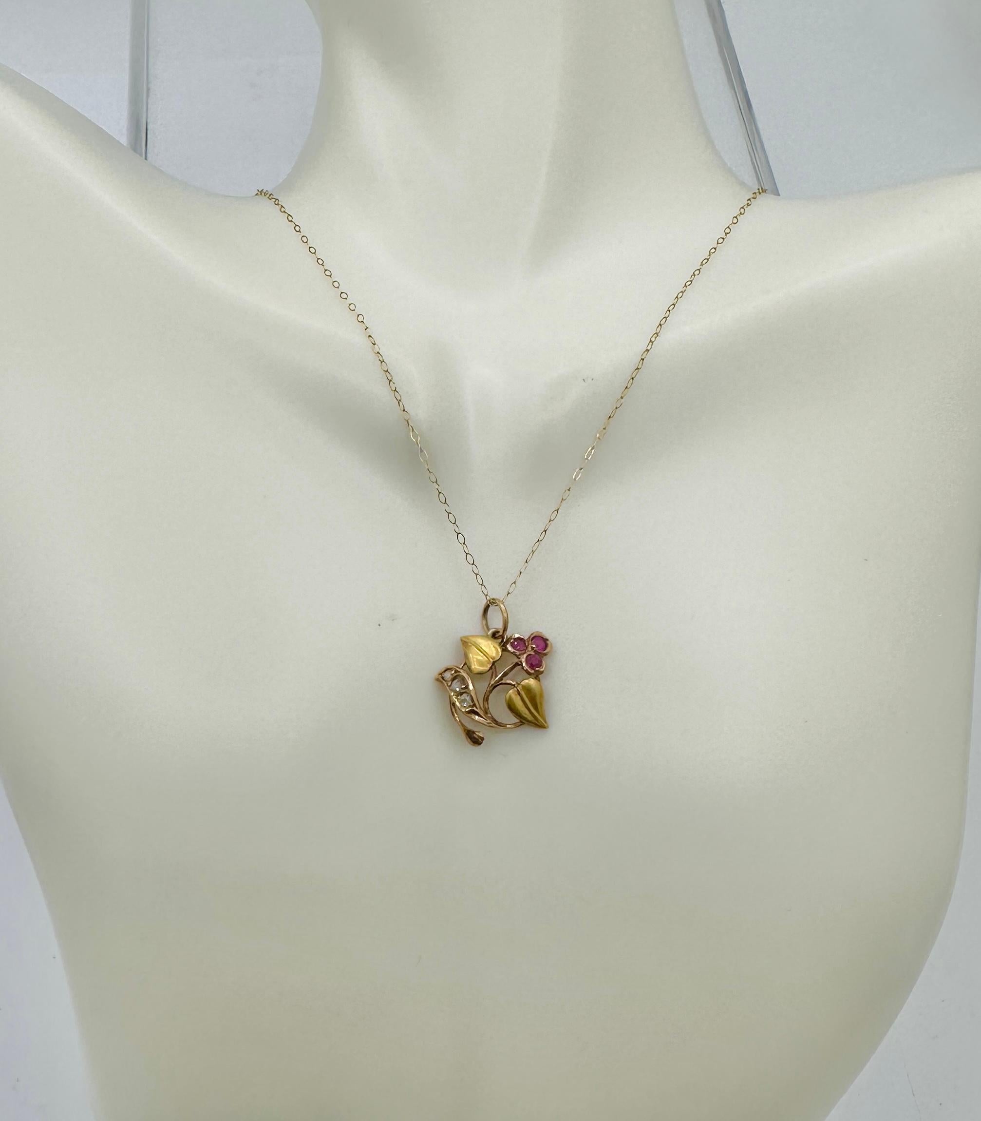 Art Nouveau Ruby Rose Cut Diamond Flower Pendant Necklace Charm 18 Karat Gold In Excellent Condition For Sale In New York, NY