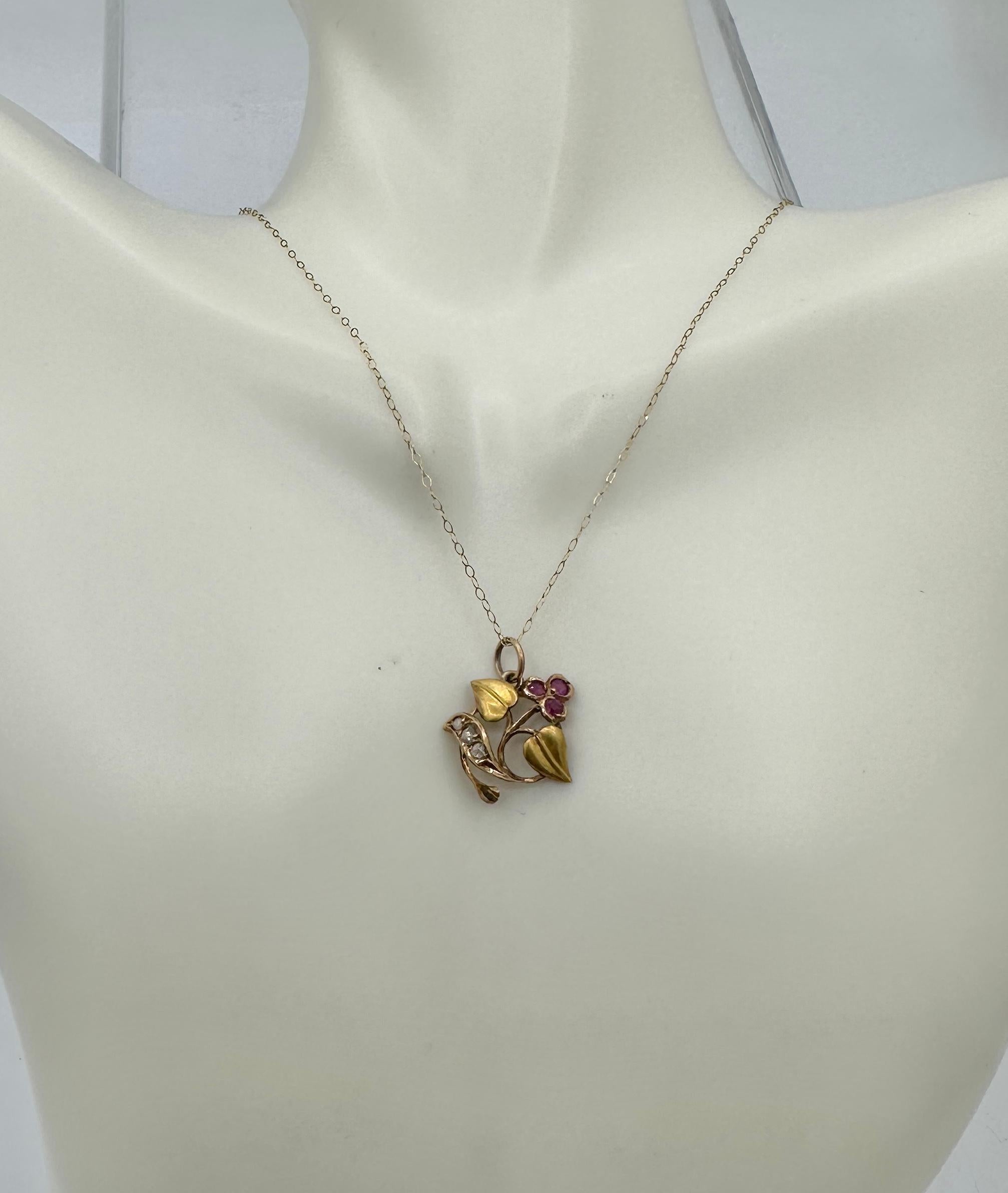 Women's Art Nouveau Ruby Rose Cut Diamond Flower Pendant Necklace Charm 18 Karat Gold For Sale