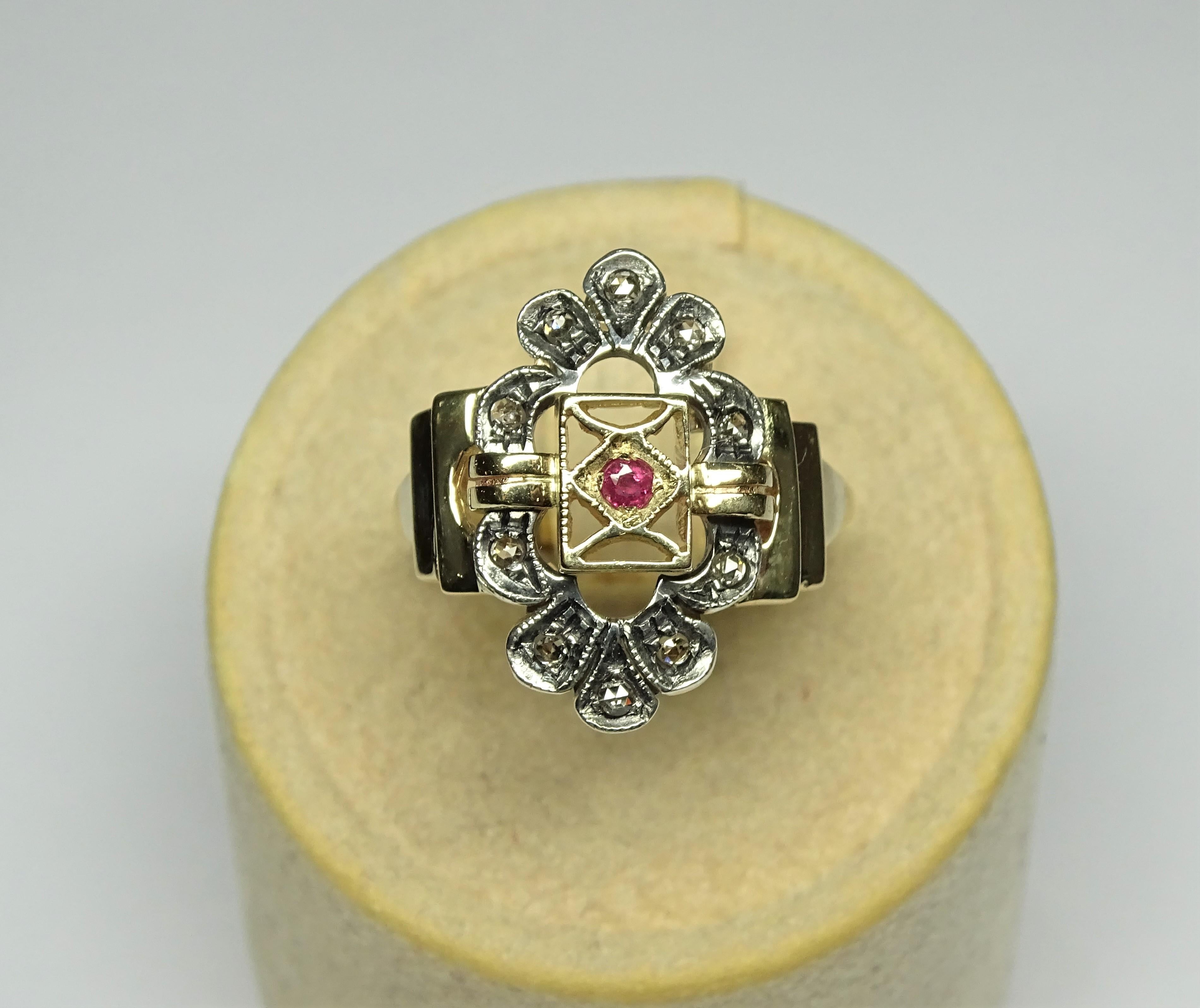 This Ring is made of 14K Yellow Gold and Sterling Silver.
This Ring has 0.22 Carats of Rose Cut Diamonds.
This Ring has 0.08 Carats of Ruby.
This Ring is also available, on request, with Sapphire or Emerald.
This Ring is inspired by Art