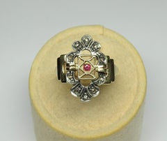 Art Nouveau Ruby Rose Cut Diamonds 14 Karat Yellow Gold Ring