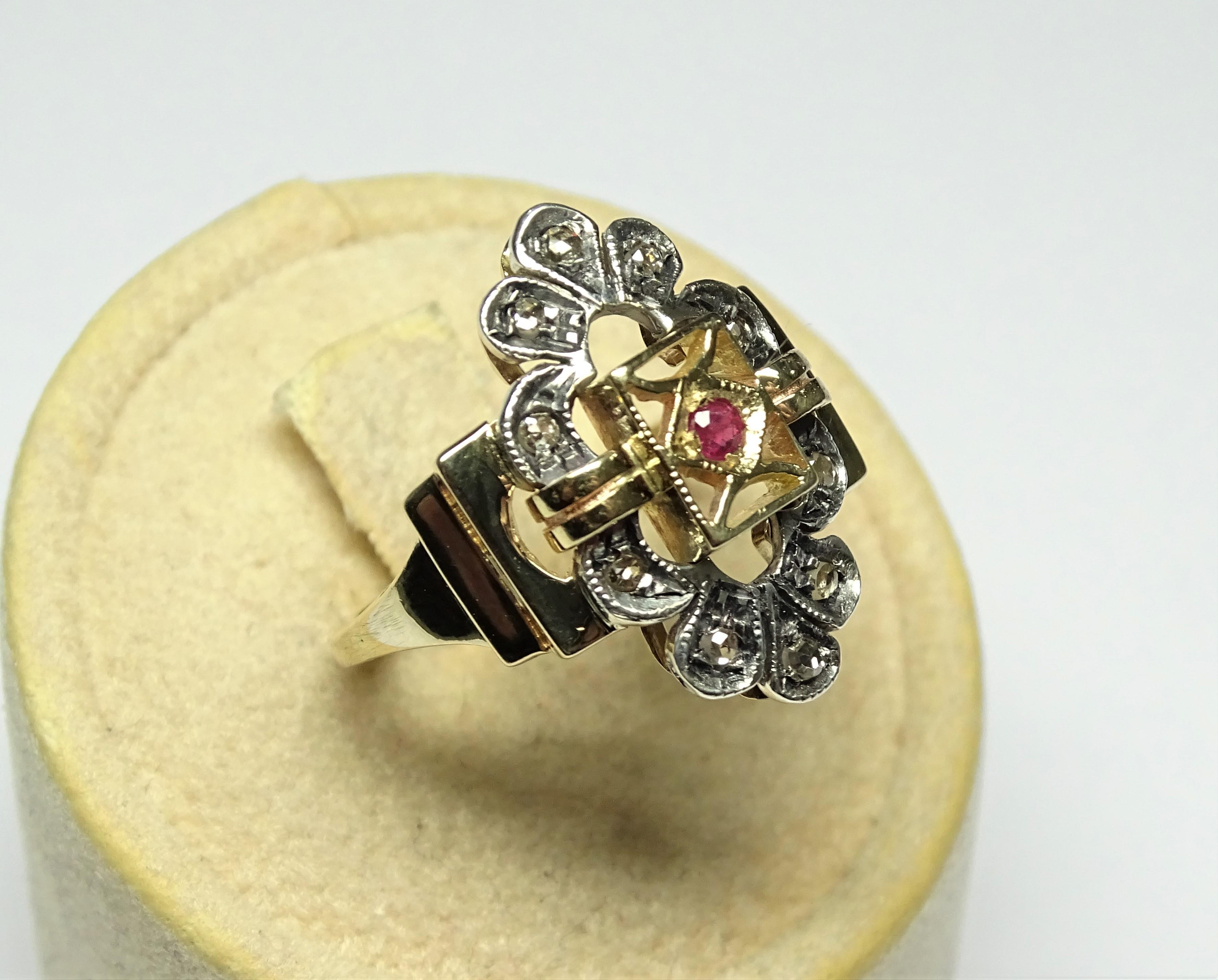 Art Nouveau Ruby Rose Cut Diamonds 14 Karat Yellow Gold Ring In New Condition For Sale In Marcianise, IT