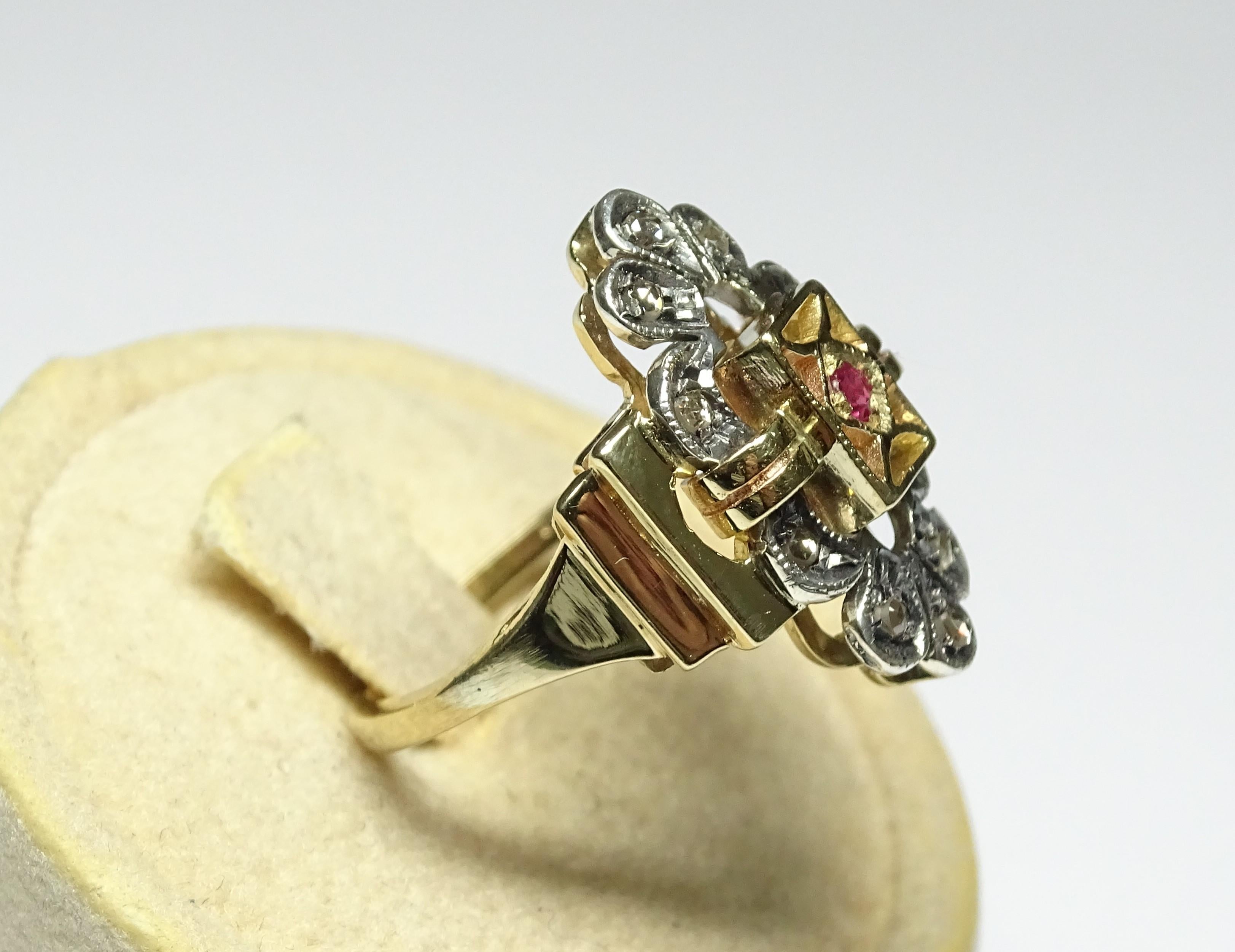 Art Nouveau Ruby Rose Cut Diamonds 14 Karat Yellow Gold Ring For Sale 5