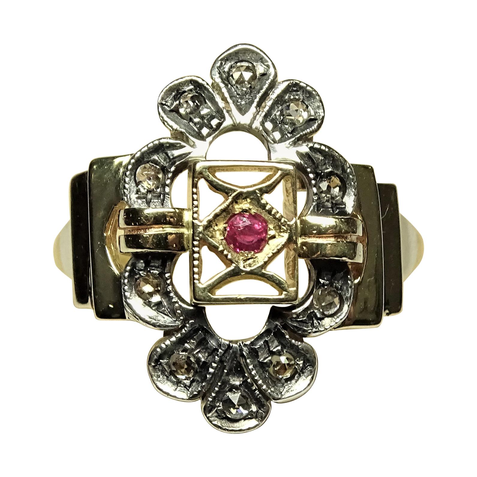 Art Nouveau Ruby Rose Cut Diamonds 14 Karat Yellow Gold Ring For Sale