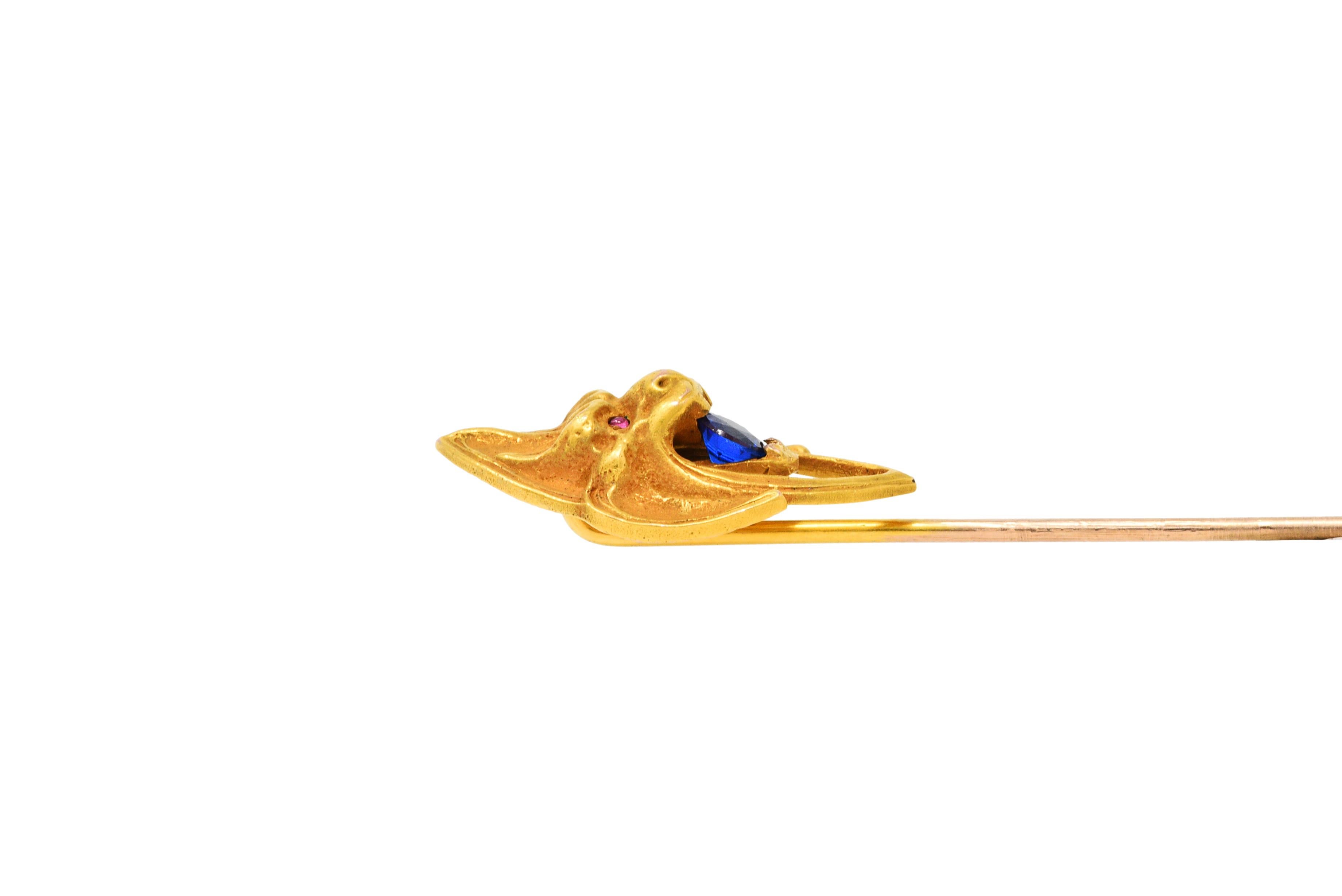 Art Nouveau Ruby Sapphire 14 Karat Gold Lion Stickpin 1