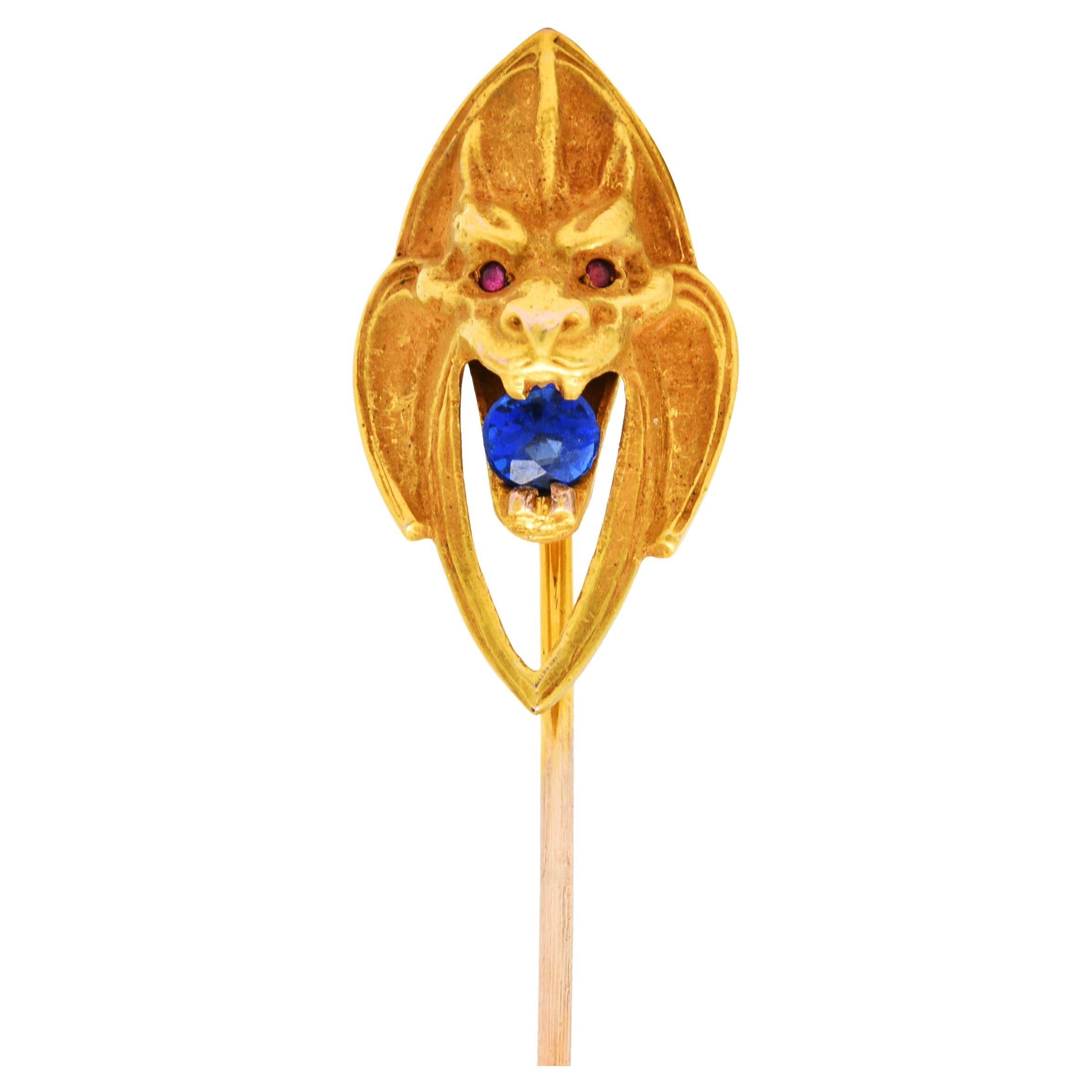 Art Nouveau Ruby Sapphire 14 Karat Gold Lion Stickpin