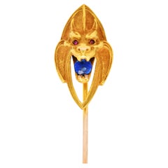 Art Nouveau Ruby Sapphire 14 Karat Gold Lion Stickpin