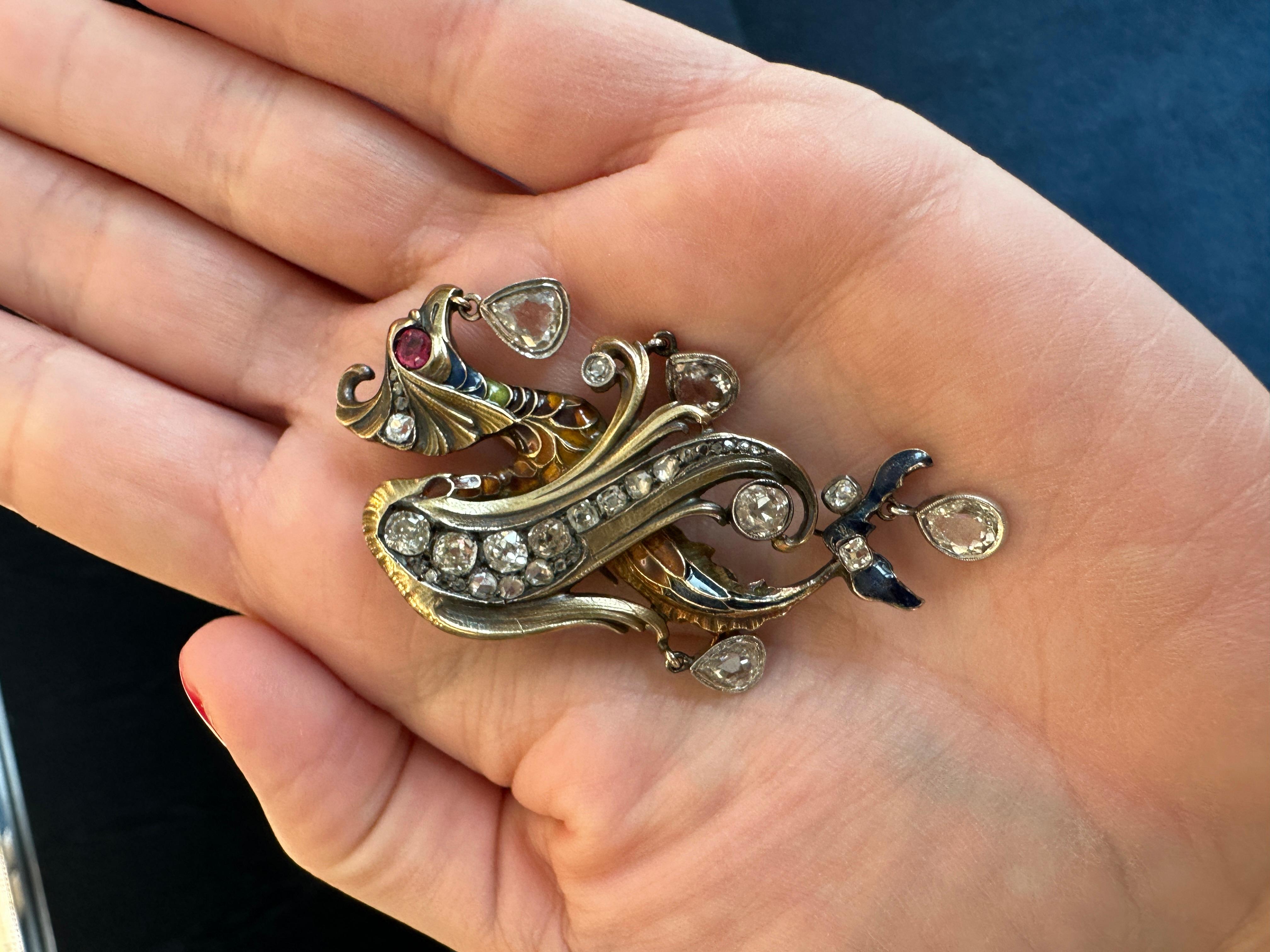 Art Nouveau Russian 14K Gold and Sterling Silver Wyvern Brooch For Sale 2