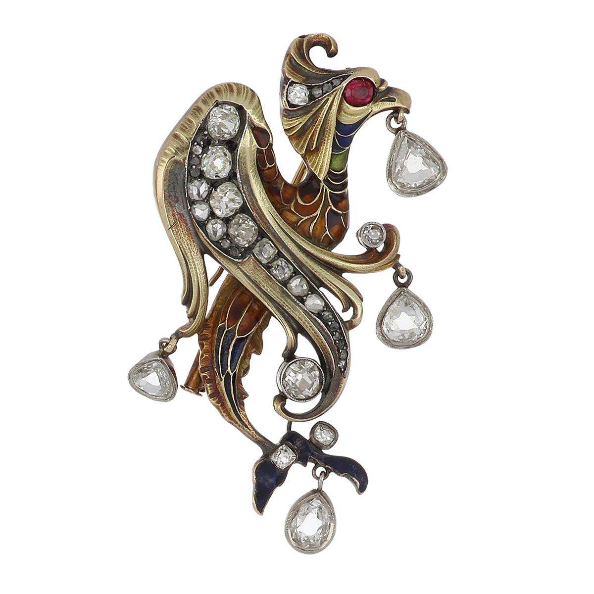 Art Nouveau Russian 14K Gold and Sterling Silver Wyvern Brooch For Sale