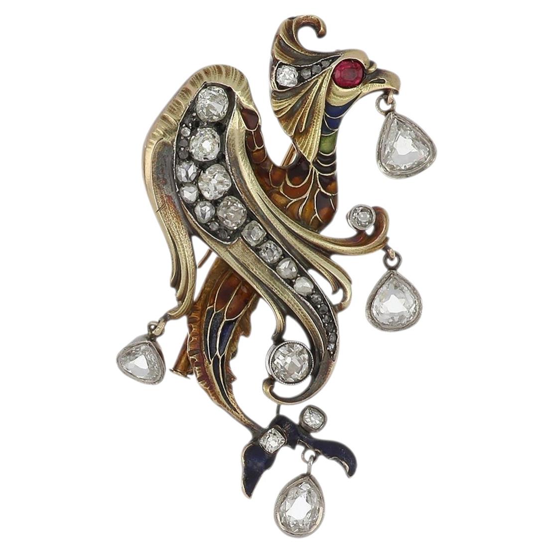 Art Nouveau Russian 14K Gold and Sterling Silver Wyvern Brooch