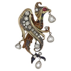 Art Nouveau Russian 14K Gold and Sterling Silver Wyvern Brooch