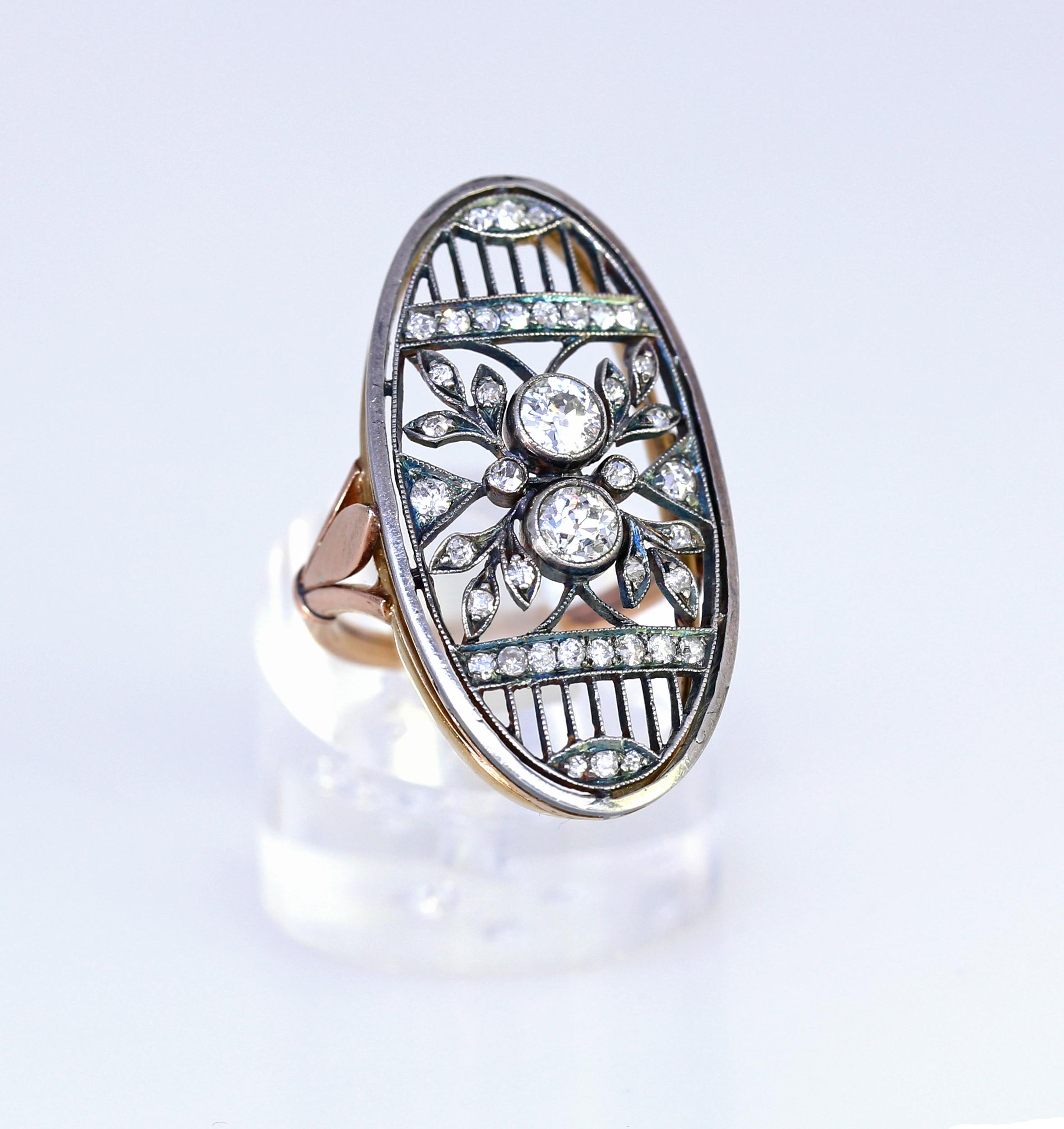 Round Cut Art Nouveau Russian Diamond Ring Gold Silver, 1890