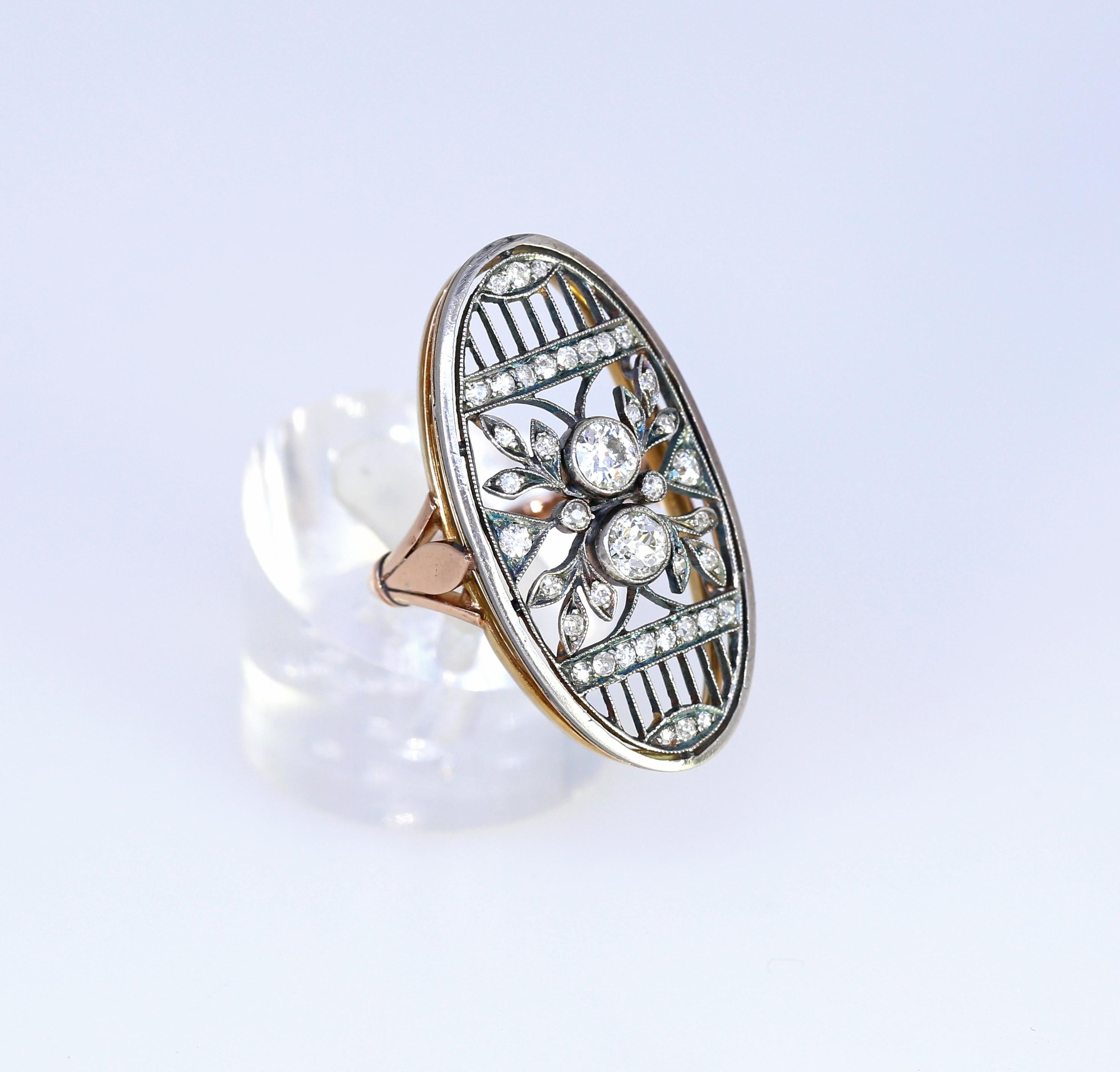 Art Nouveau Russian Diamond Ring Gold Silver, 1890 In Fair Condition In Herzelia, Tel Aviv