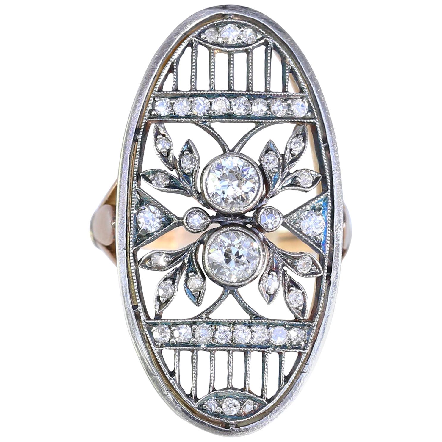 Art Nouveau Russian Diamond Ring Gold Silver, 1890