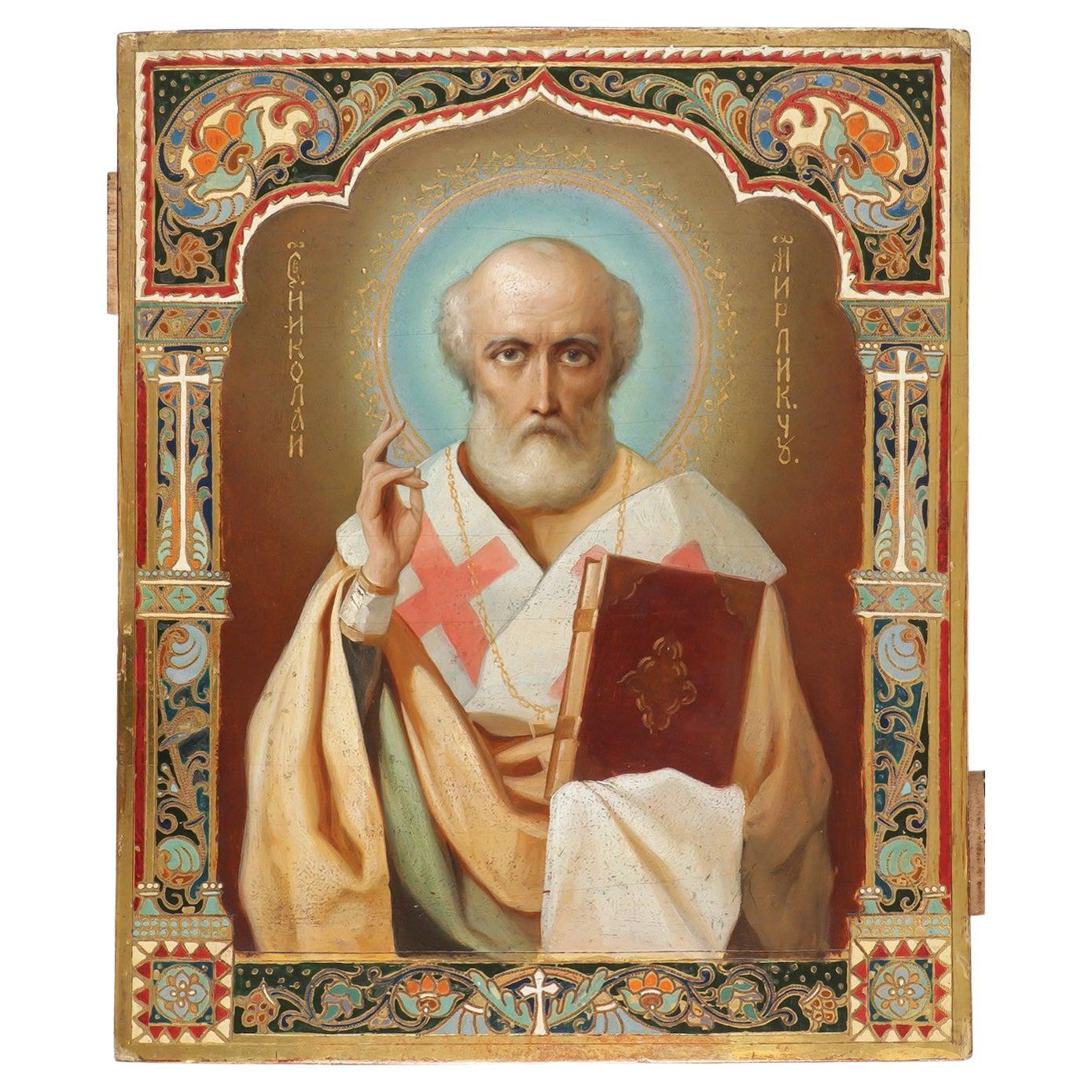 Art Nouveau Russian Icon of St. Nicholas For Sale