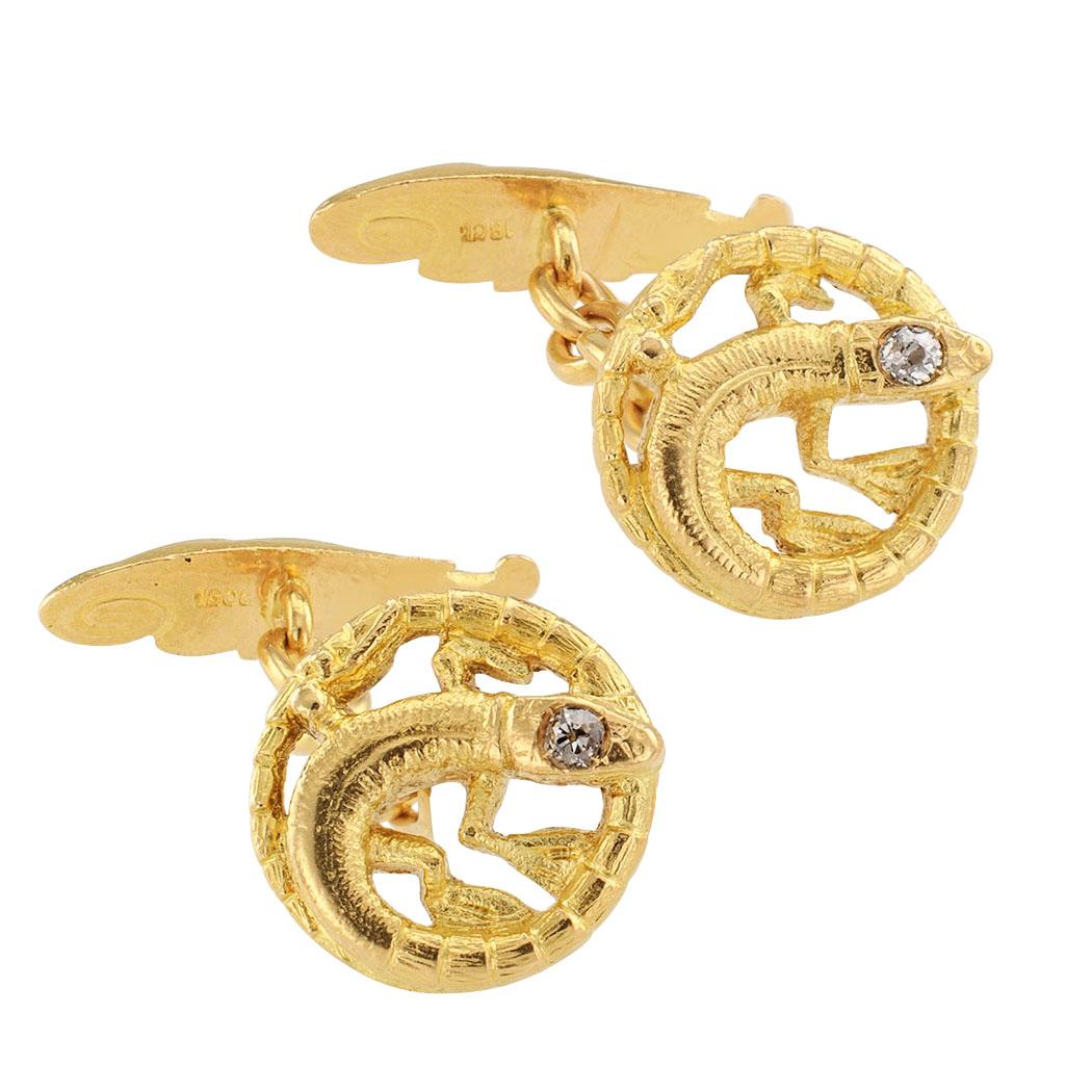 Art Nouveau Salamander Diamond Gold Cufflinks