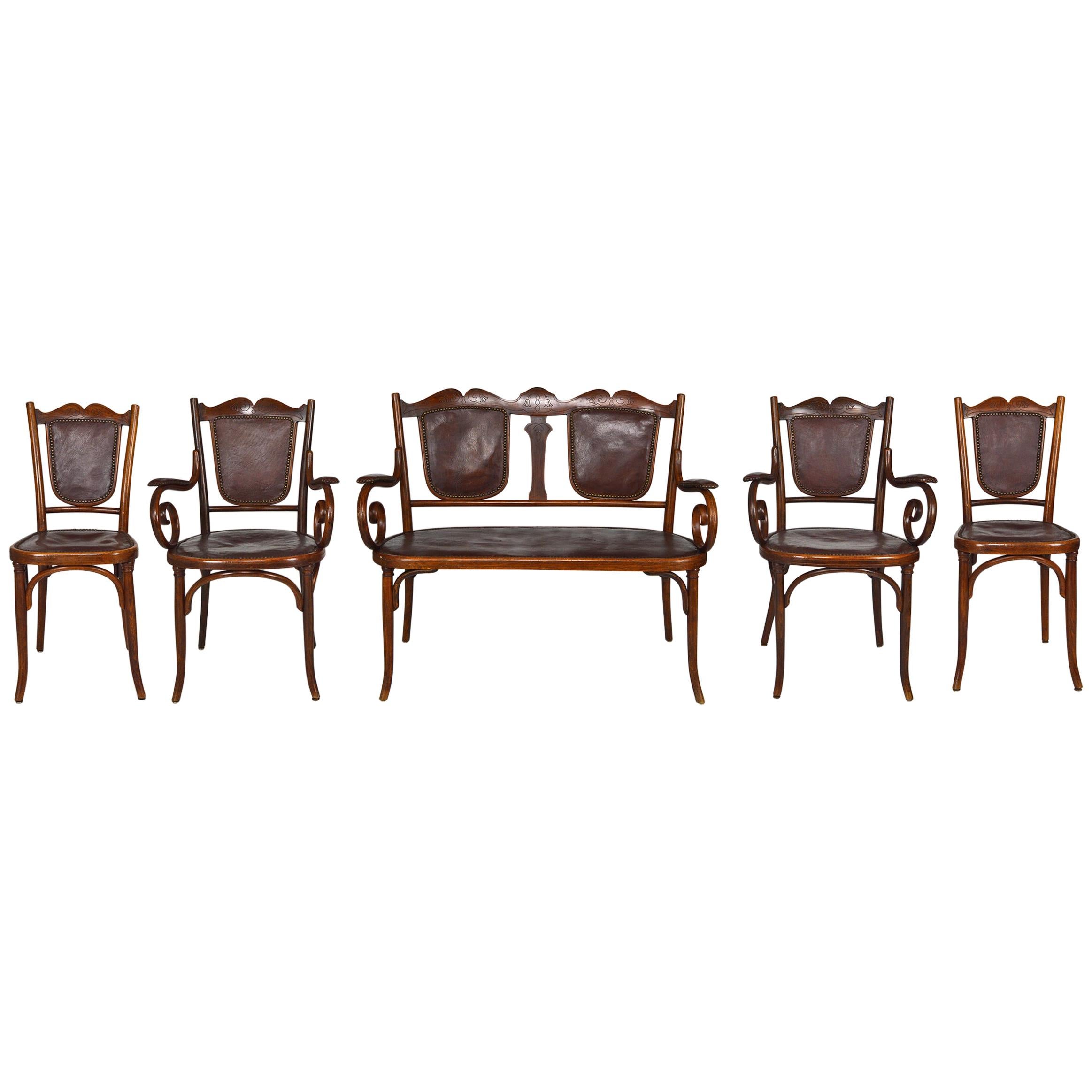 Art Nouveau Salon Set in Bentwood & Leather, by Fischel, circa 1910 For Sale