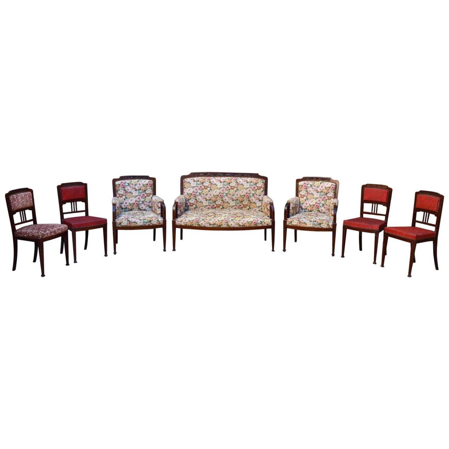 Art Nouveau Salon Set in Carved Mahogany on a Floral Theme, circa 1900 For Sale