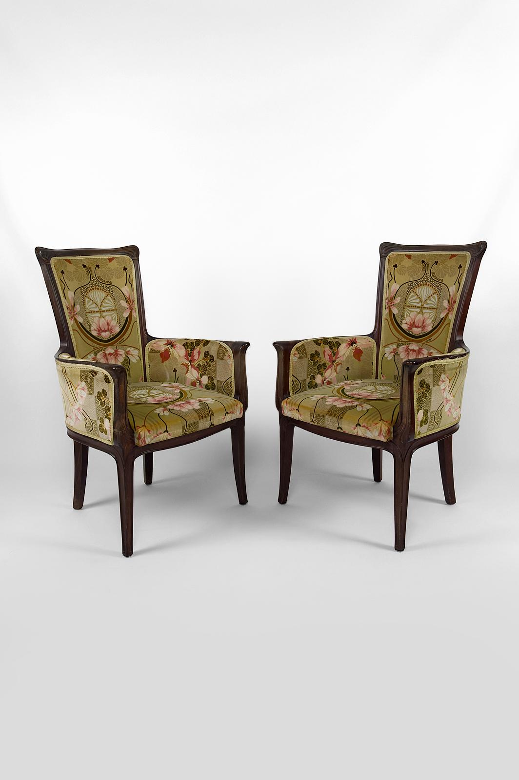 French Art Nouveau salon set of 3, 2 armchairs and 1 chair, France, Circa 1900 For Sale