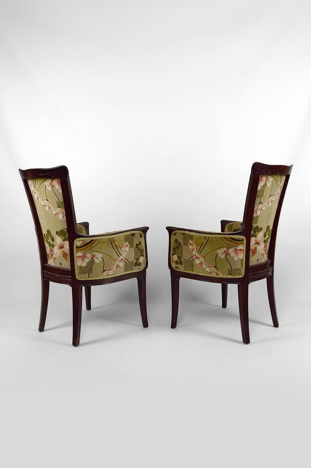 Fabric Art Nouveau salon set of 3, 2 armchairs and 1 chair, France, Circa 1900 For Sale