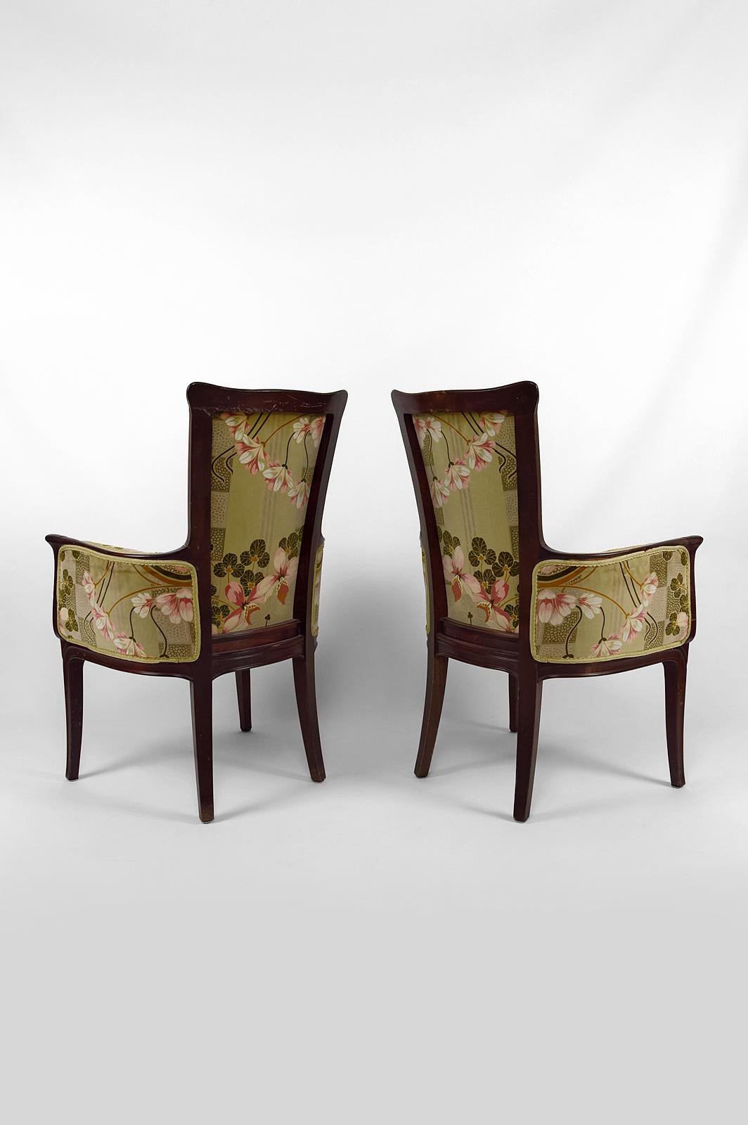 Tissu Ensemble de salon Art Nouveau de 3, 2 fauteuils et 1 chaise, France, vers 1900 en vente