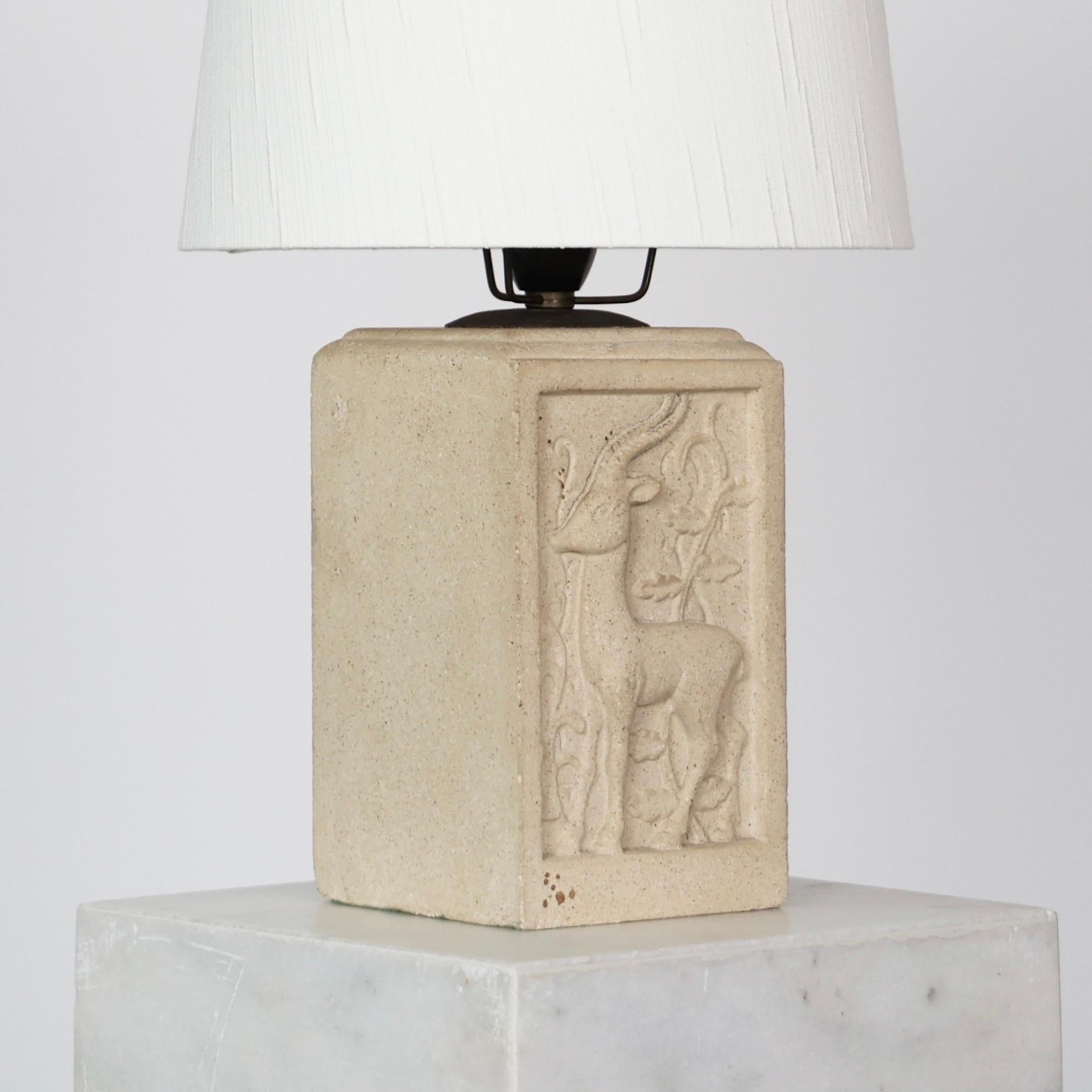 Danish Art Nouveau Sandstone Table Lamp with Antelope Motif, 1940s, Denmark For Sale