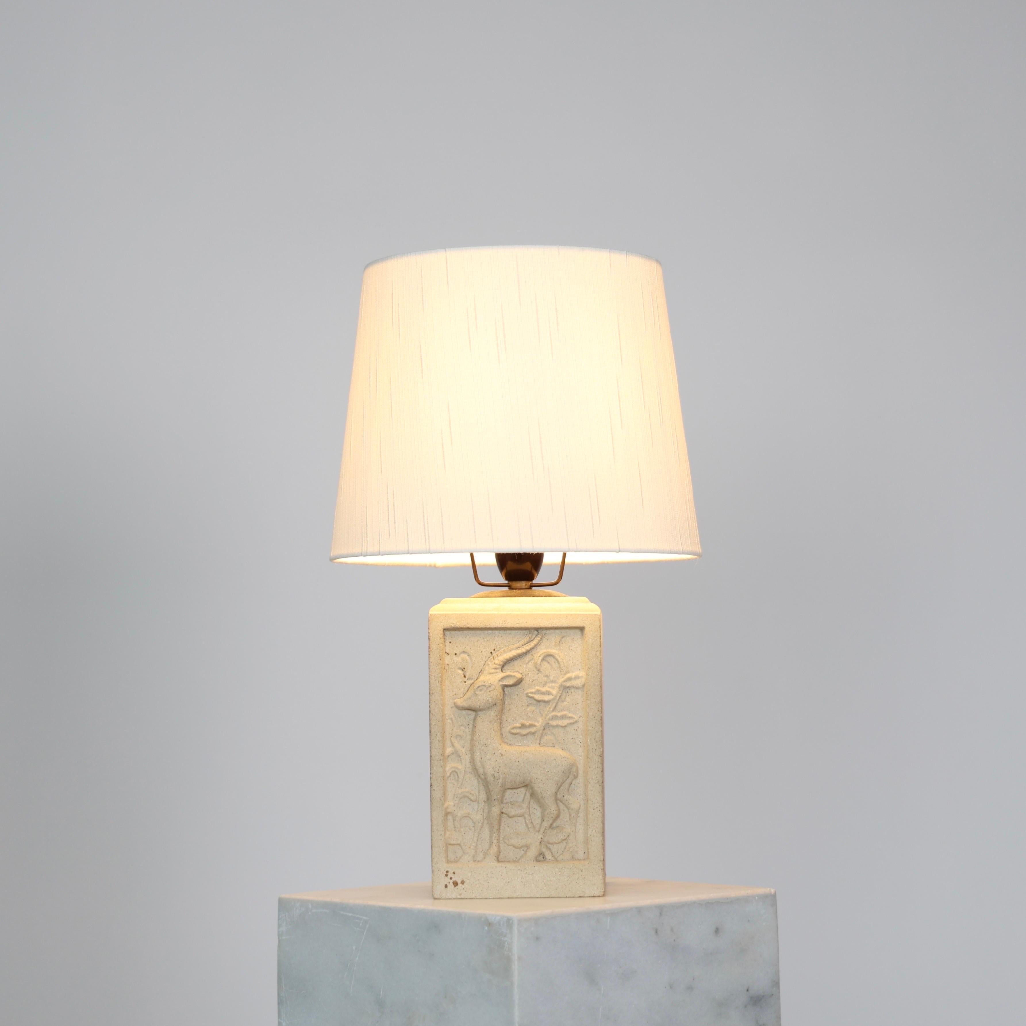 Mid-20th Century Art Nouveau Sandstone Table Lamp with Antelope Motif, 1940s, Denmark For Sale