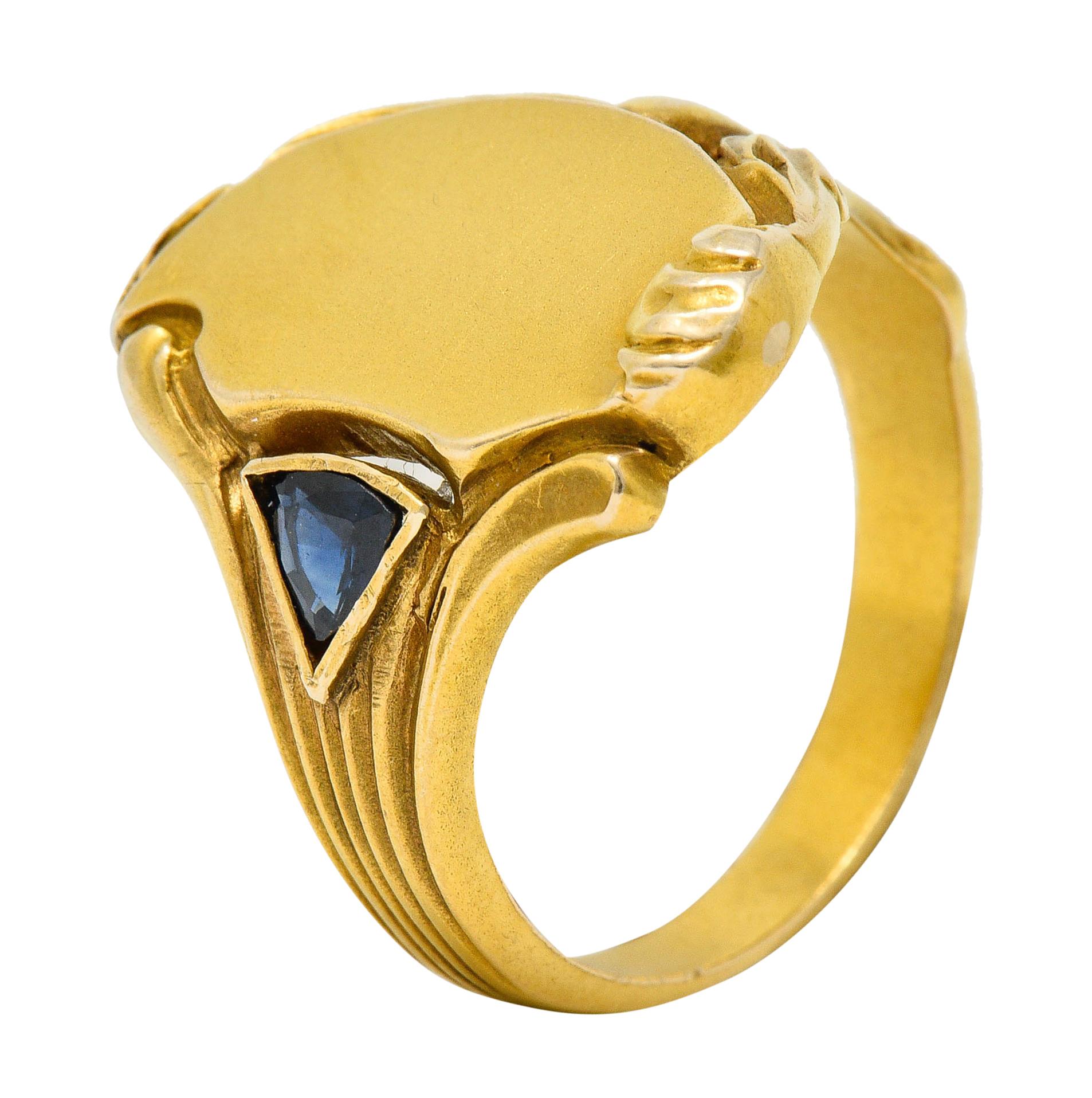 Art Nouveau Sapphire 14 Karat Gold Signet Ring 5