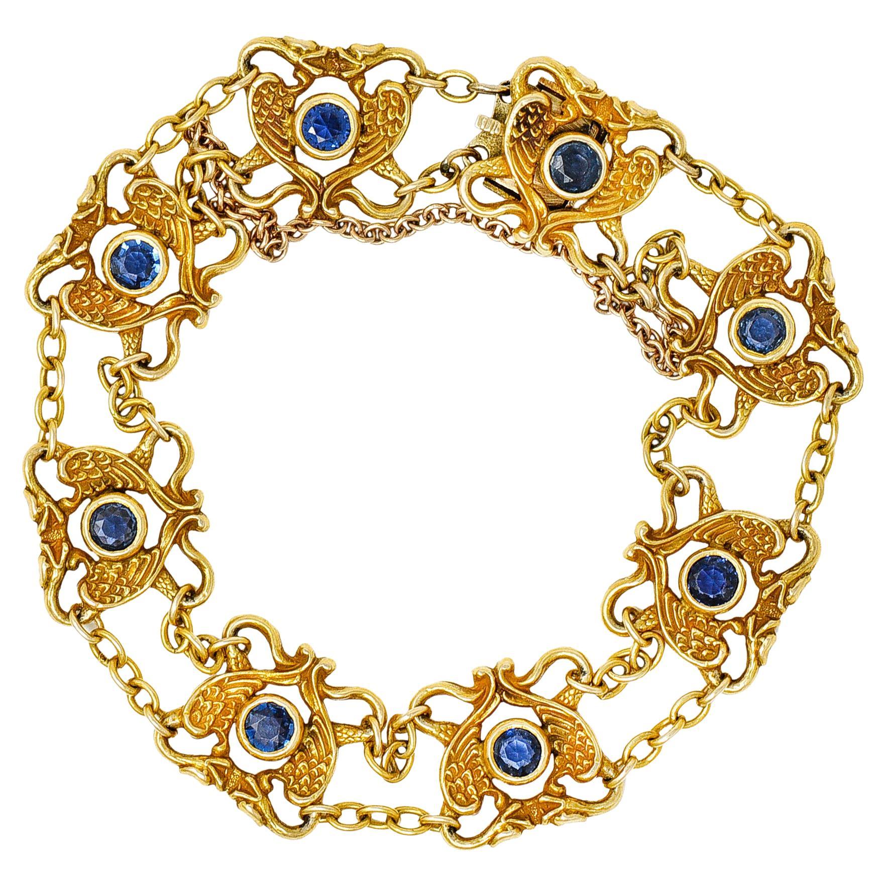 Riker Bros. Art Nouveau Ruby Diamond 14 Karat Gold Dragon Bracelet For ...